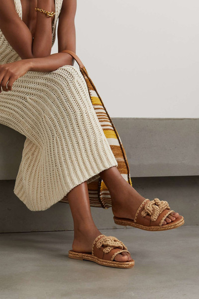 Tod's Kate whipstitched raffia-trimmed leather slides outlook