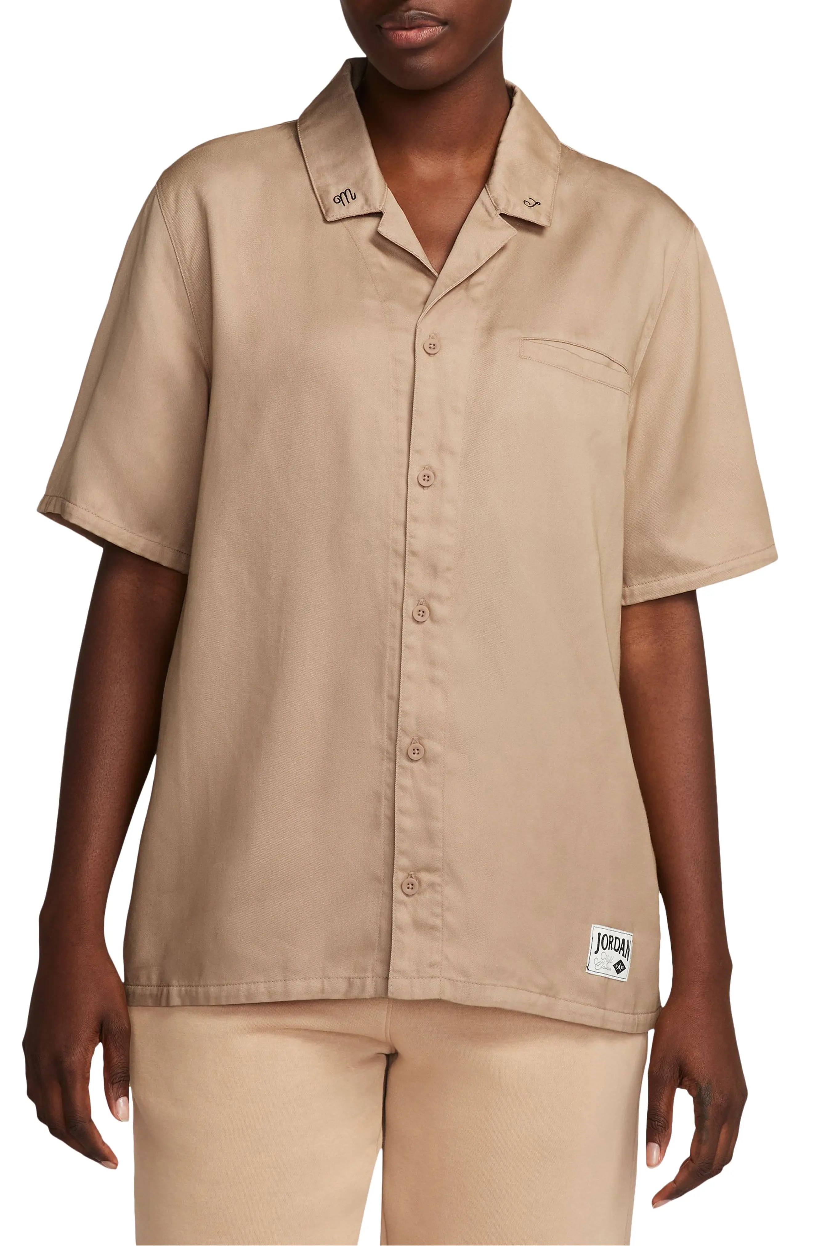 Embroidered Notched Collar Camp Shirt in Legend Medium Brown/Black - 1