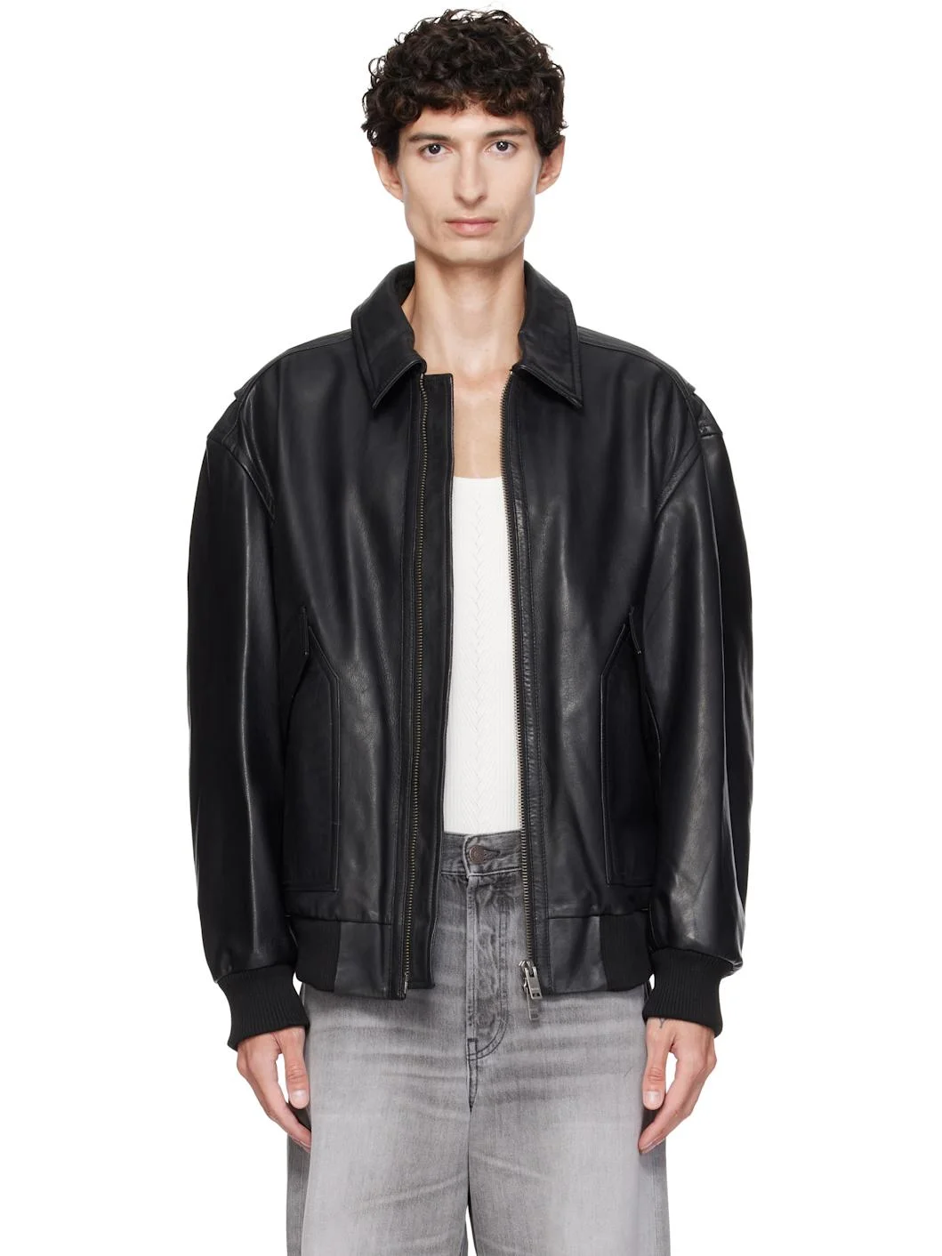 Black Washed Aviator Leather Jacket - 1
