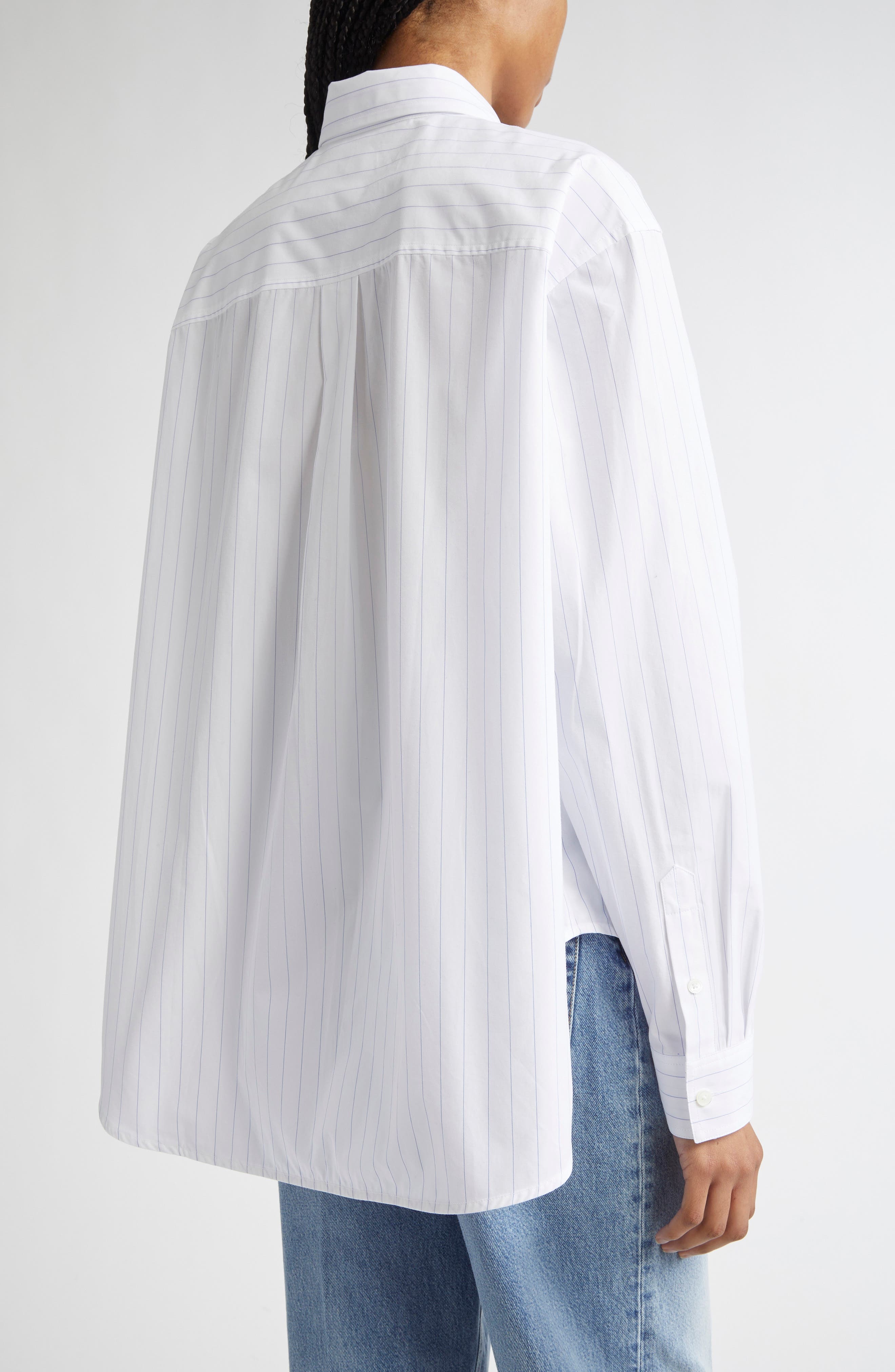 TOTEME Monogram Stripe Organic Cotton Poplin Button-Up Shirt in White/Cobalt Pinstripe at Nordstrom - 3
