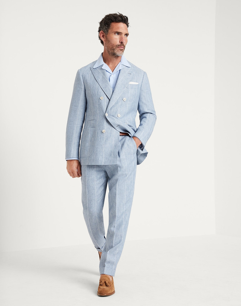 Linen wide chalk stripe one-and-a-half breasted deconstructed blazer with patch pockets 5