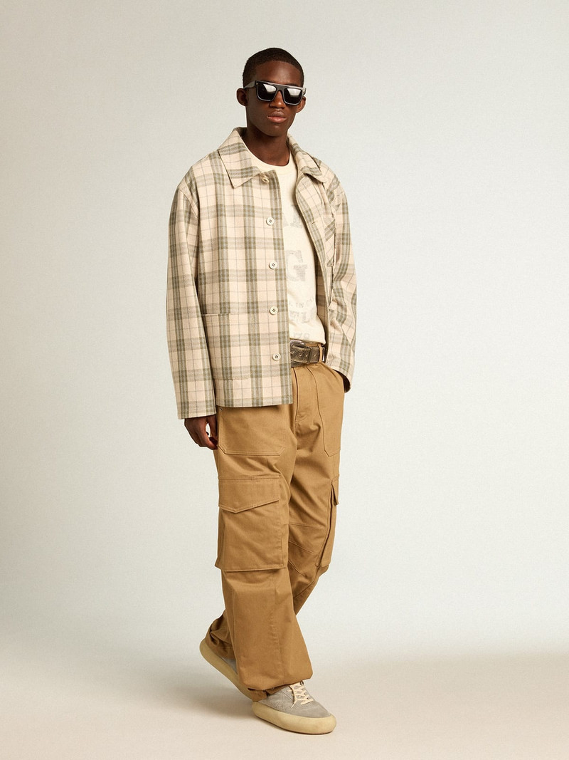 Golden Goose Men's slim-fit shirt made of ecru and green cotton flannel outlook