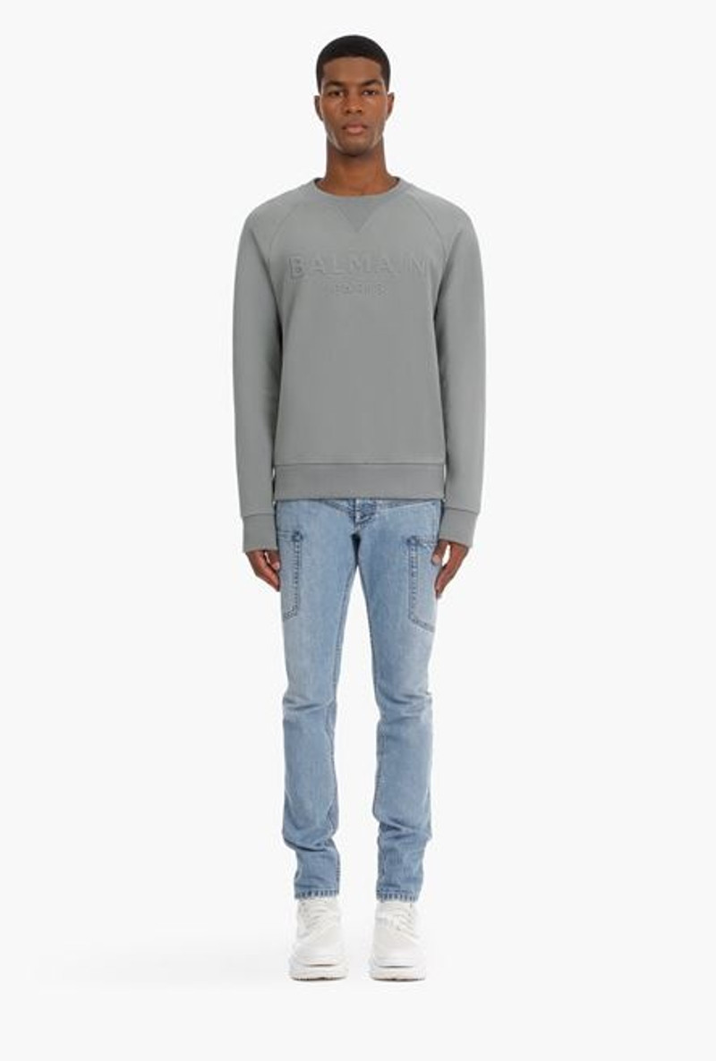 Gray cotton sweatshirt with embossed Balmain logo 4
