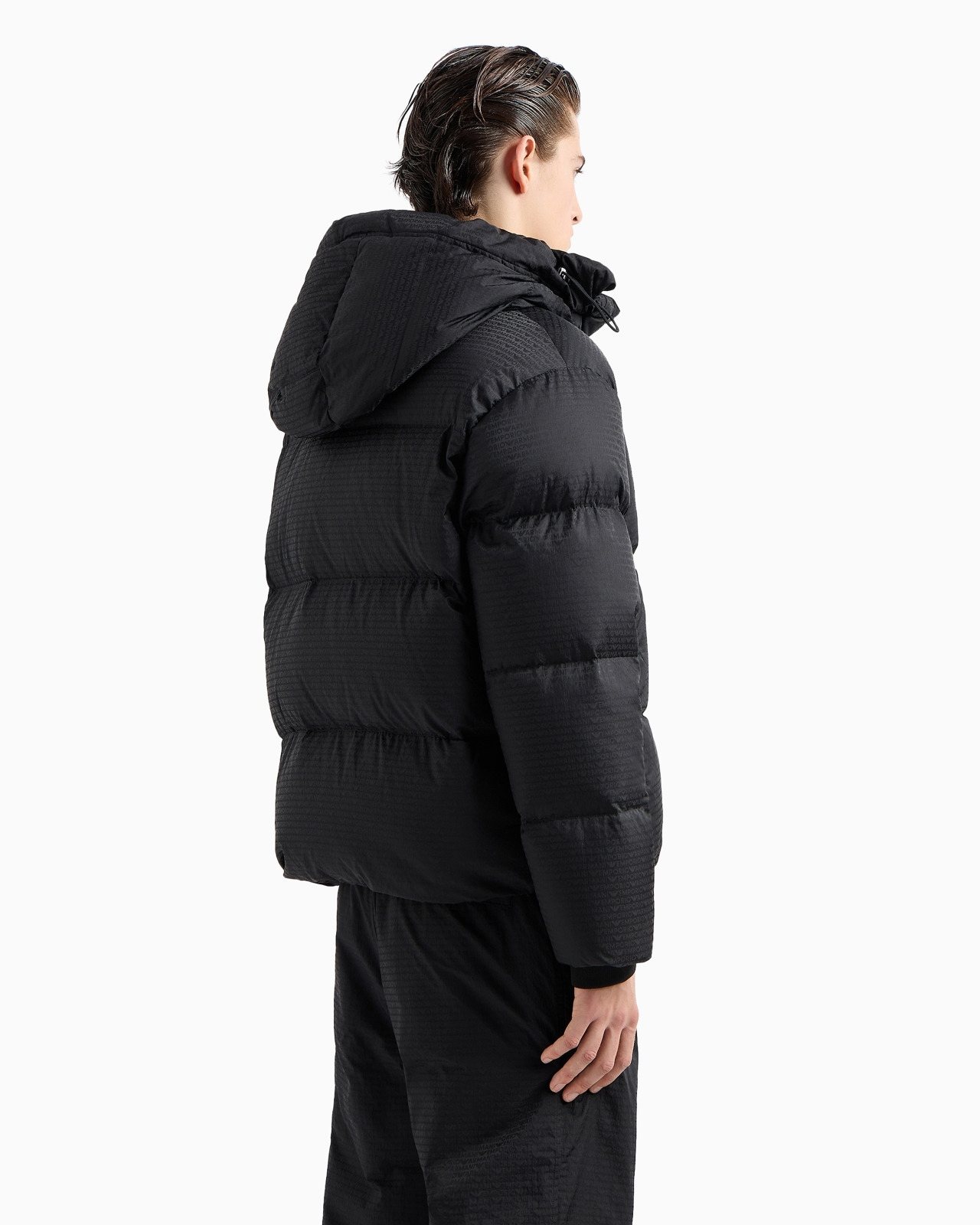 Zipped, hooded down jacket in jacquard nylon with all-over logo lettering - 3