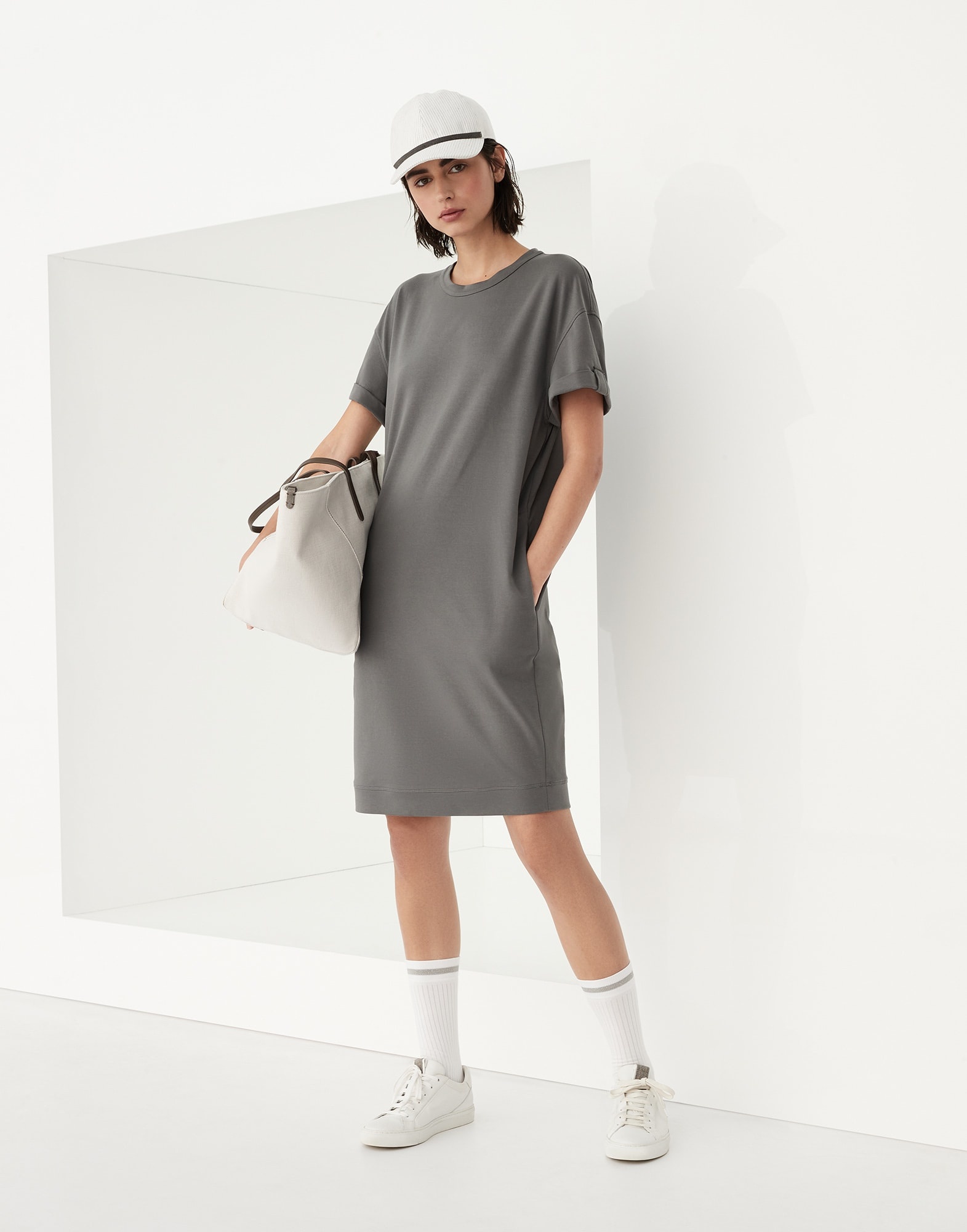 Stretch cotton lightweight French terry dress with shiny cuff detail - 5