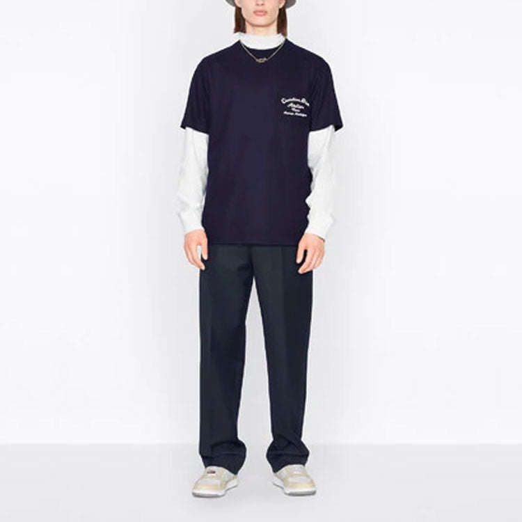 Men's DIOR SS22 Embroidered Plain Weave Knit Short Sleeve Navy Blue T-Shirt 213J637A0739-C583 - 3