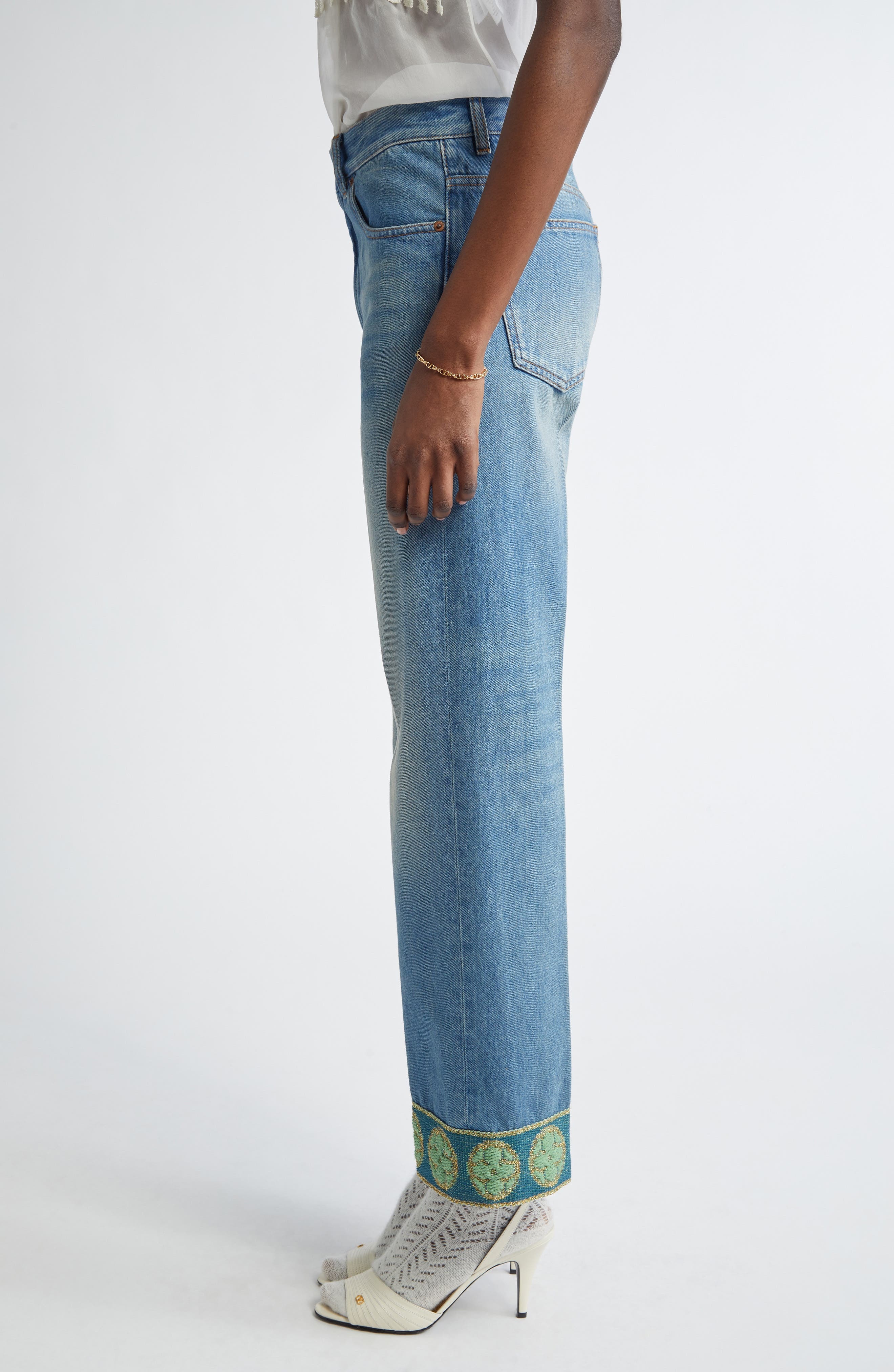 Valentino Garavani Jacquard Trim Straight Leg Jeans in Medium Blue Denim at Nordstrom - 4