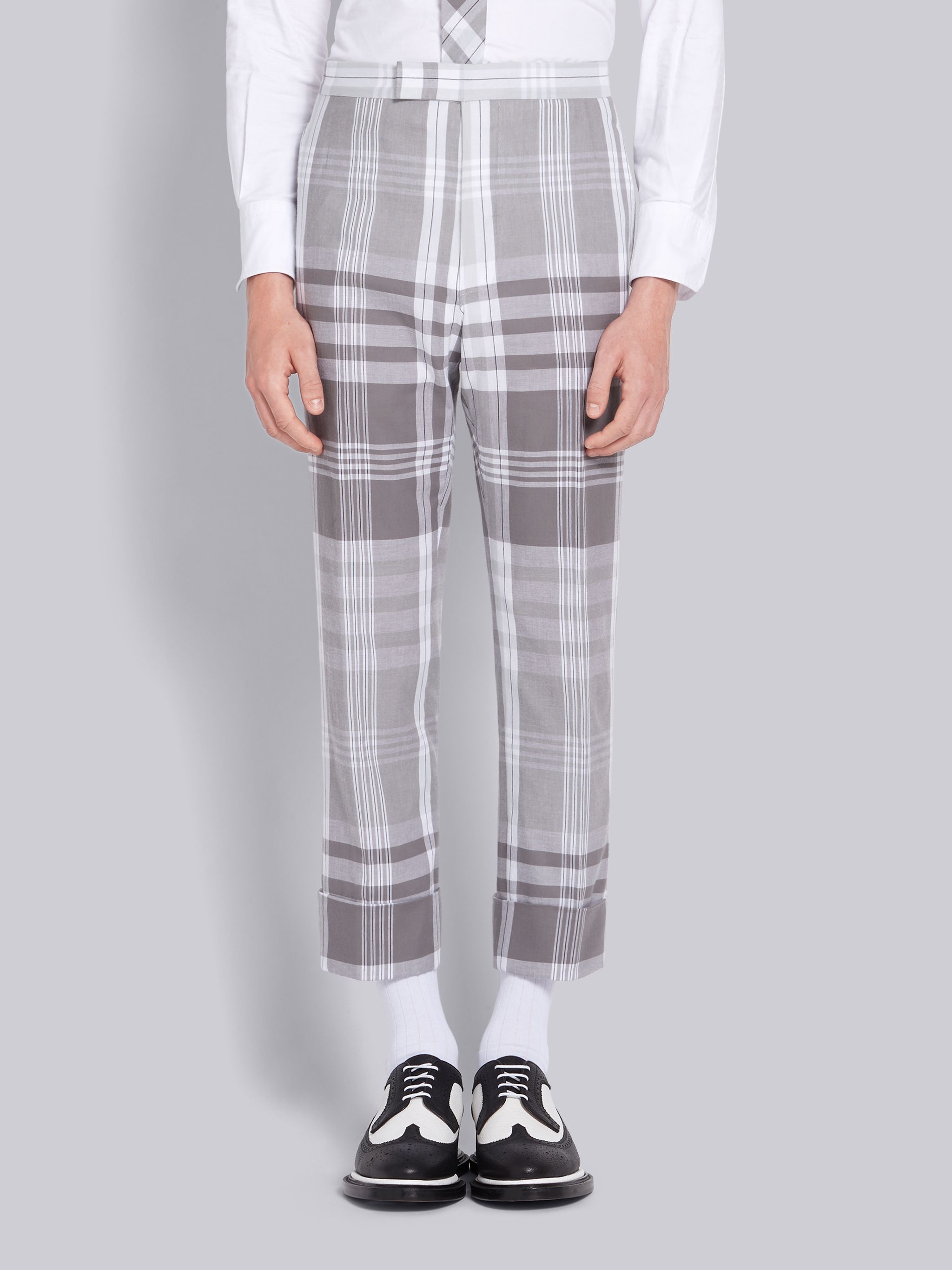 Medium Grey Cotton Large Plaid Madras Classic Trousers - 1