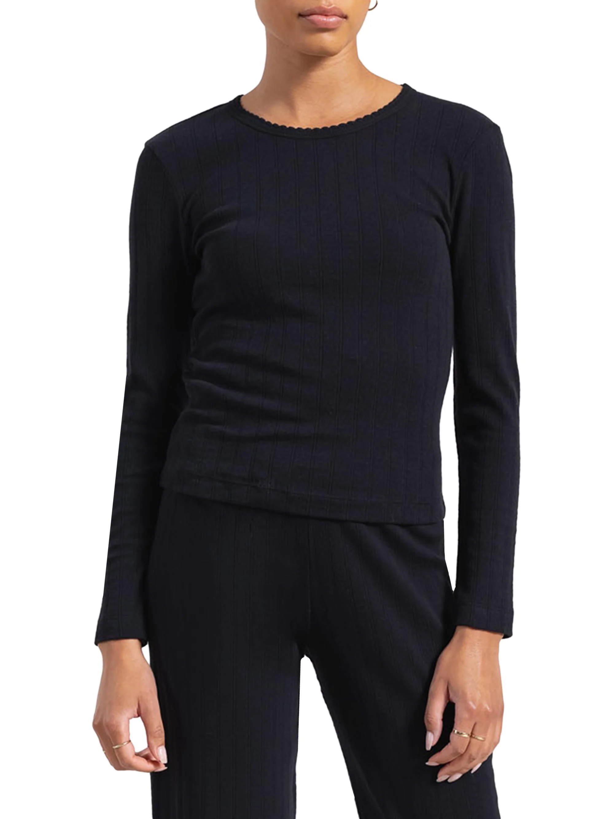 Women's Pointelle Long-Sleeve Top - Black - 1