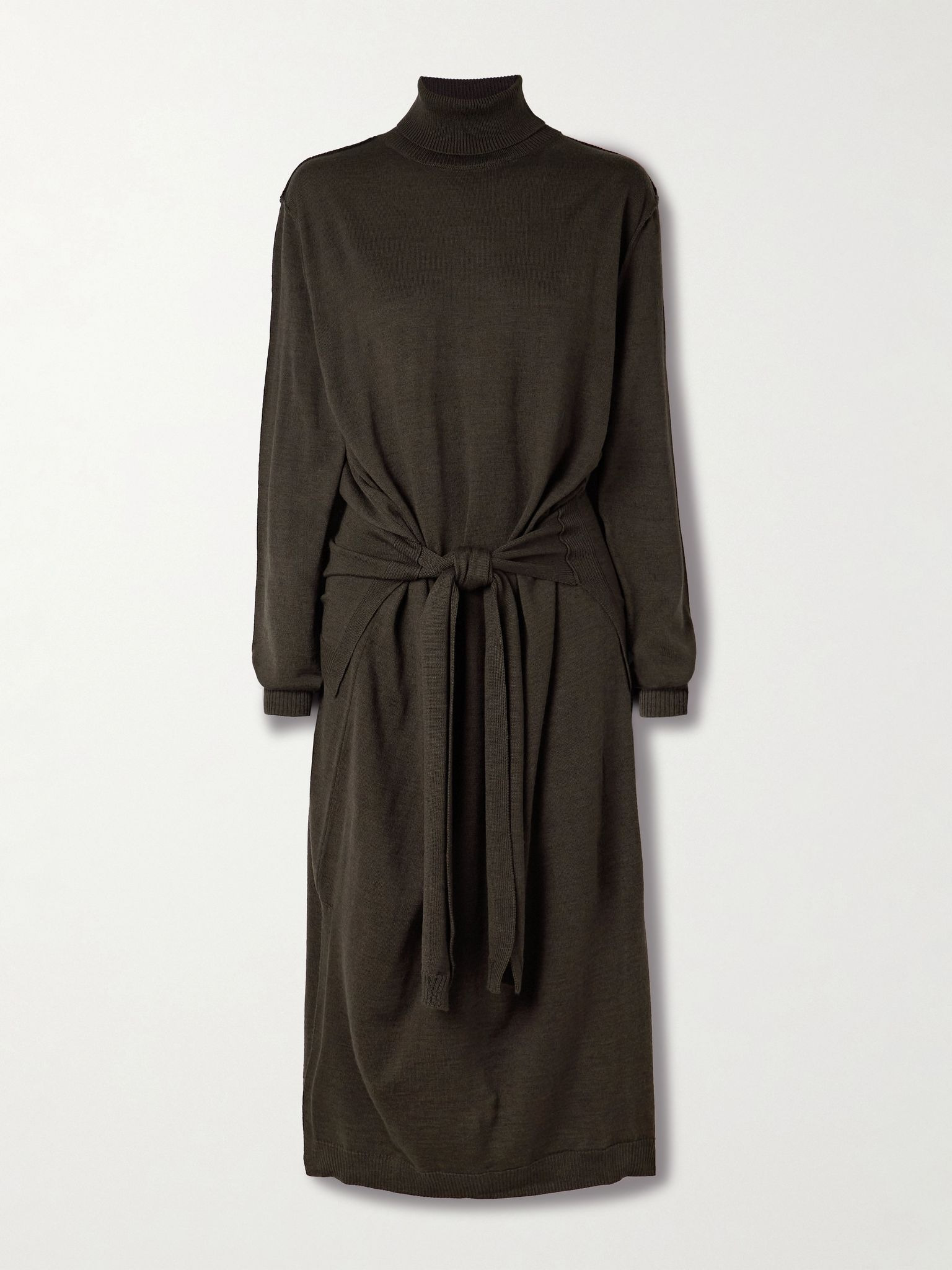 Belted wool-blend turtleneck midi dress Dark brown - 1