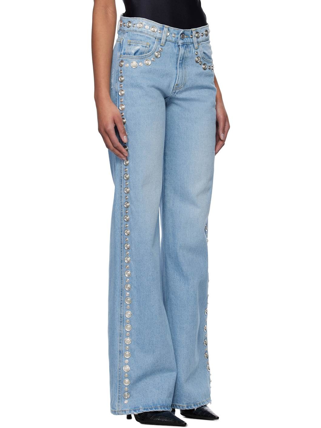 Blue Studded Wide Leg Jeans - 2