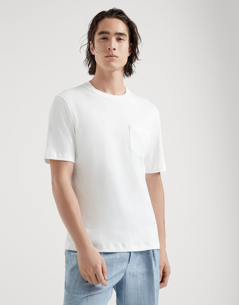 Cotton ribbed jersey crew neck T-shirt with chest pocket 1