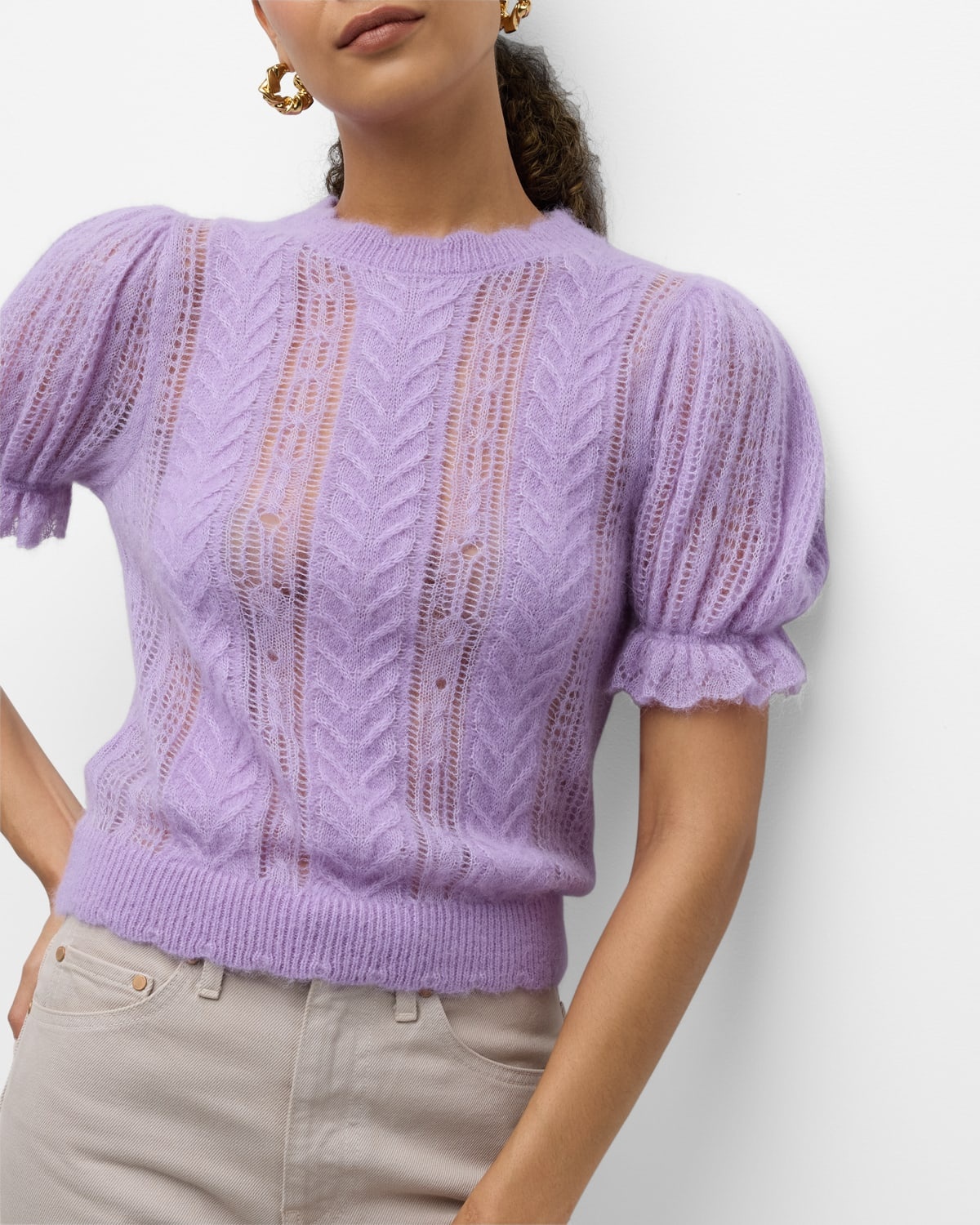 Mavis Openwork Knit Puff-Sleeve Top - 7