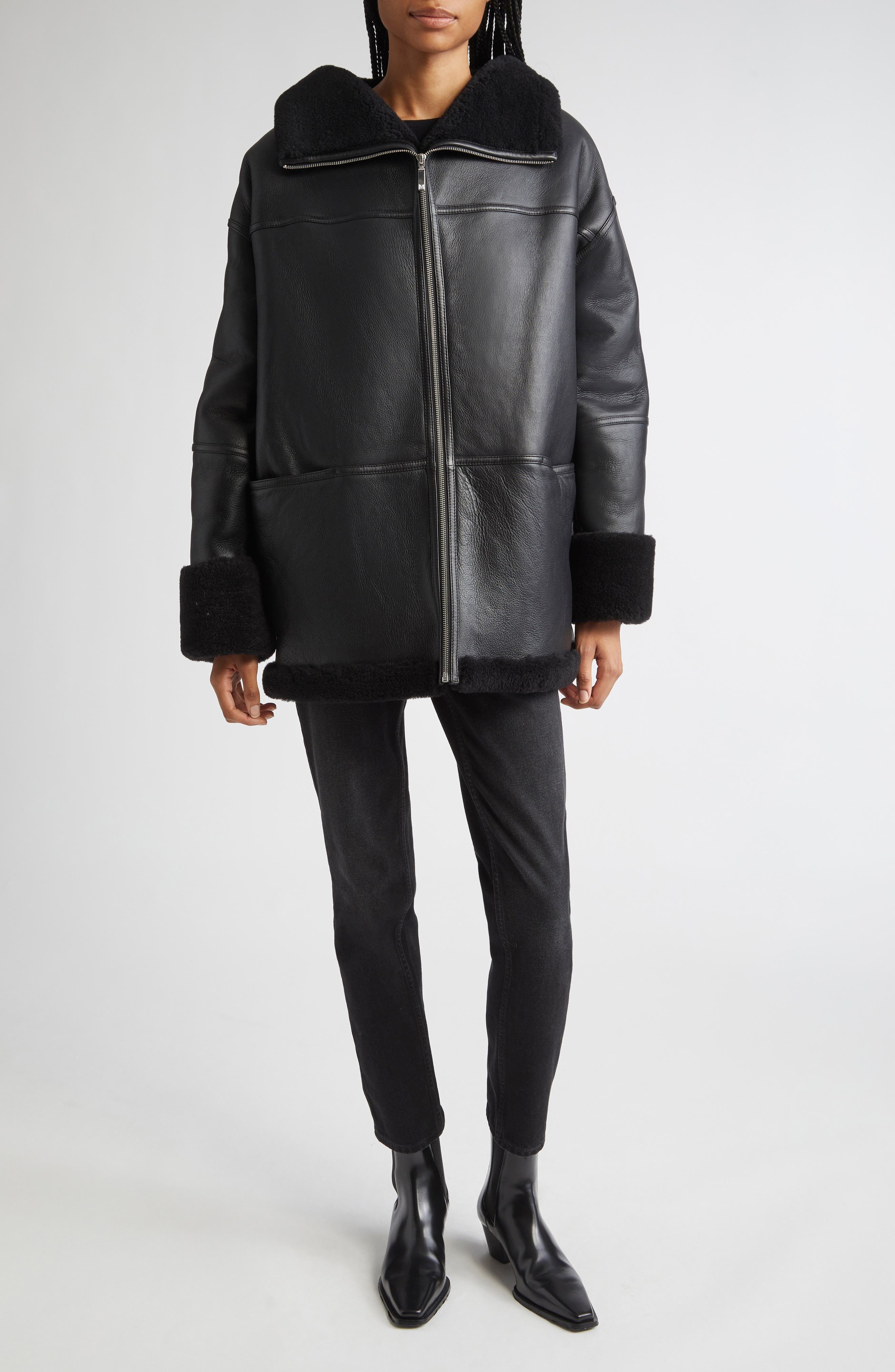 TOTEME Menfi Oversize Genuine Shearling Coat in Black at Nordstrom - 2