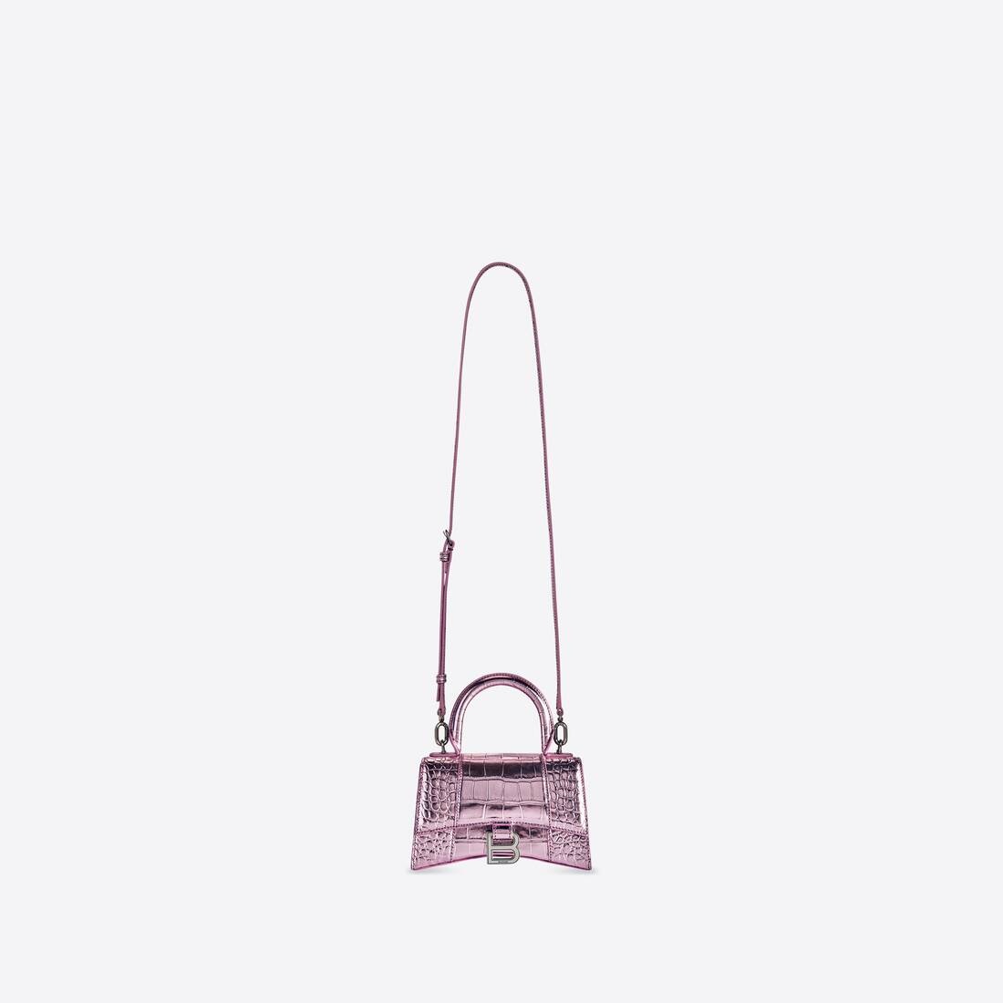 Women's Hourglass Xs Handbag Metallized Crocodile Embossed in Pink - 4