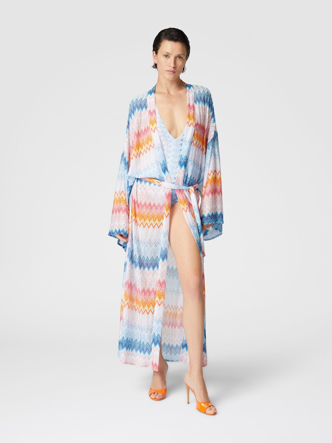 Kimono cover-up in zigzag lamé viscose blend with belt at the waist - 2
