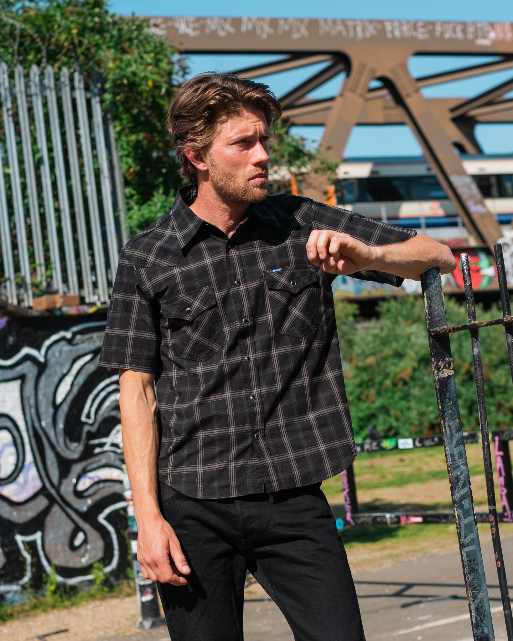 5OZ SELVEDGE SHORT SLEEVED MADRAS CHECK WESTERN SHIRT - BLACK - 4