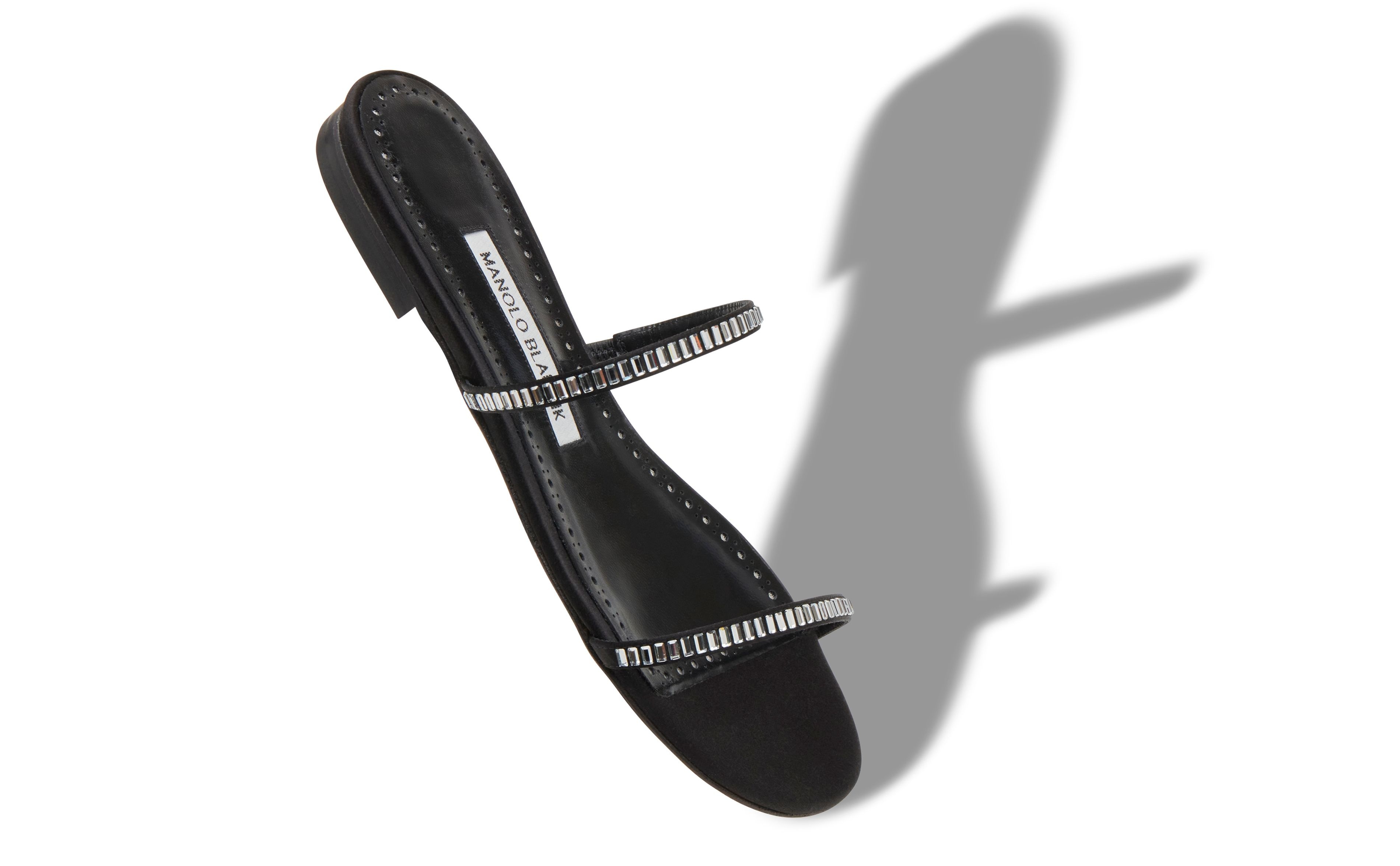 Black Satin Crystal Embellished Flat Sandals - 2