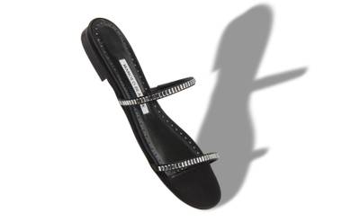 Manolo Blahnik Black Satin Crystal Embellished Flat Sandals outlook