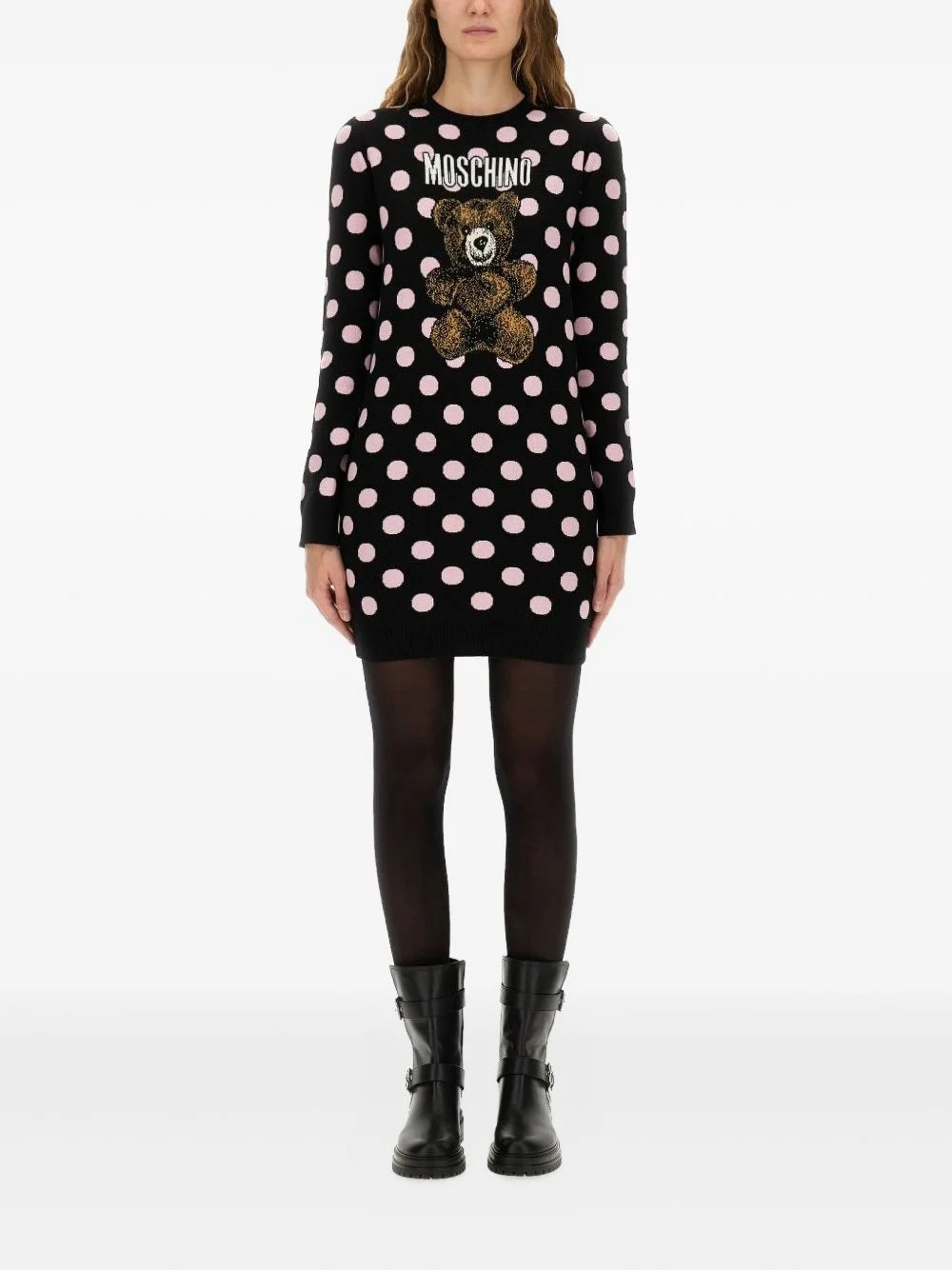 polka-dot pattern teddy-embellishment mini dress - 1
