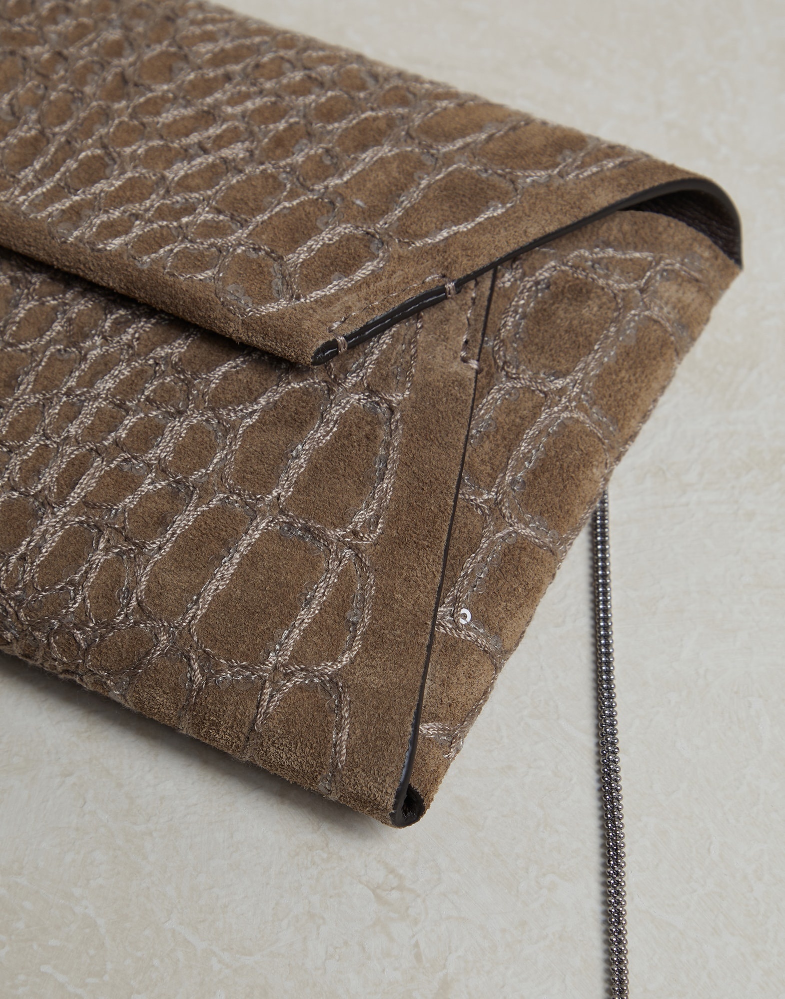 Crocodile embroidery envelope bag in suede with precious chain - 3
