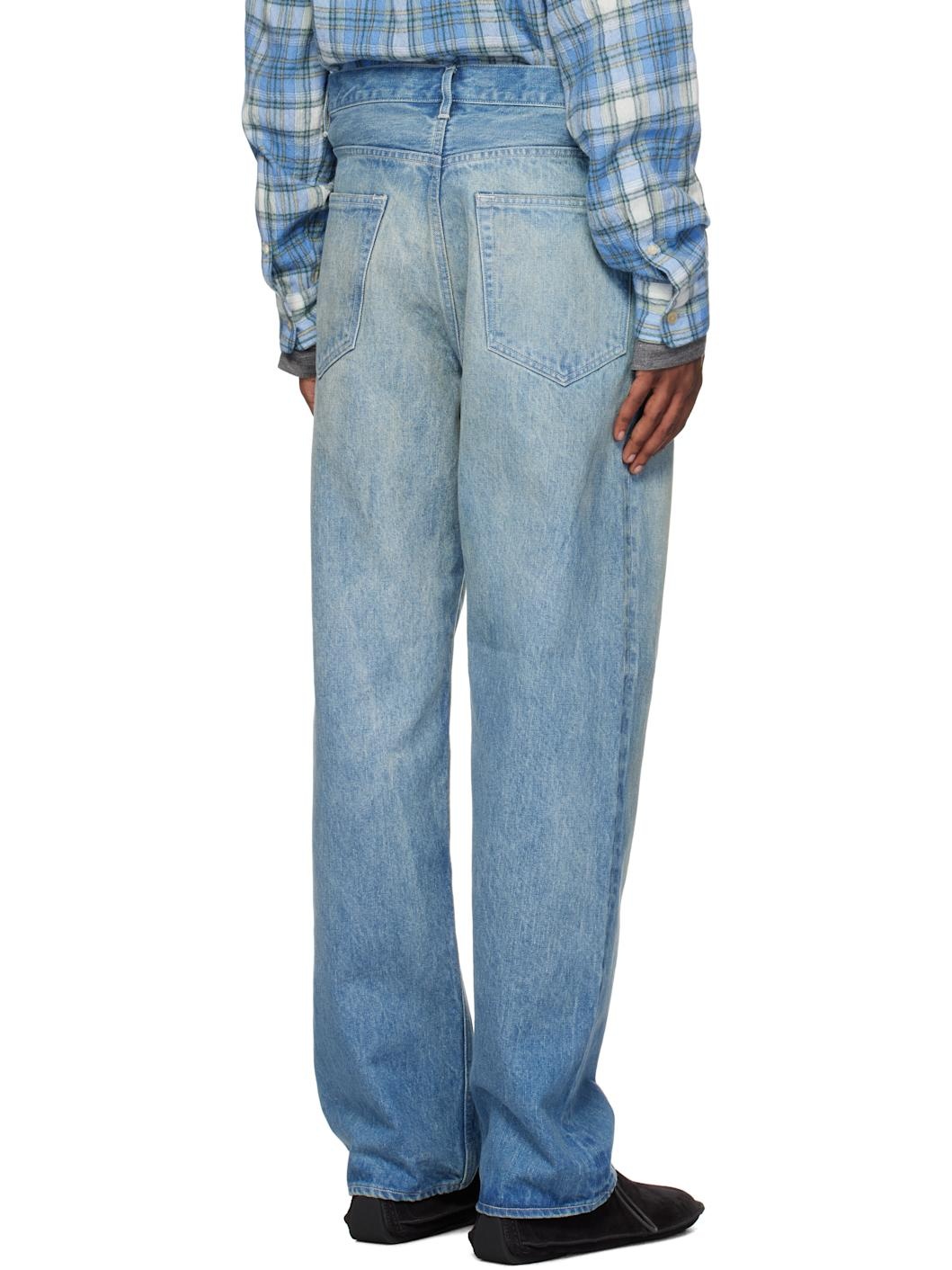 Blue Selvedge Faded Heavy Denim Wide Jeans - 3