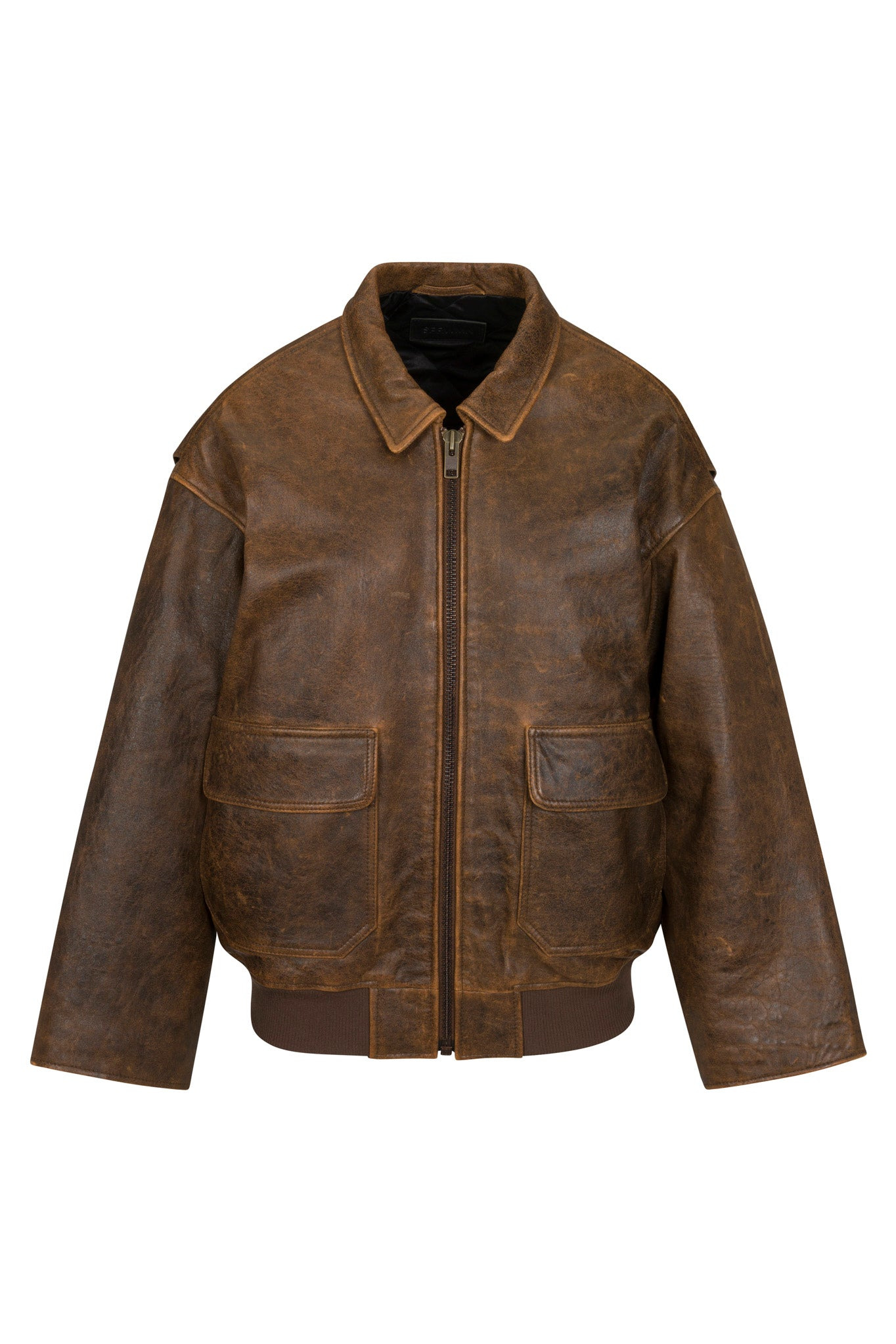 BROWN DISTRESSED LEATHER AVIATOR JACKET - 8