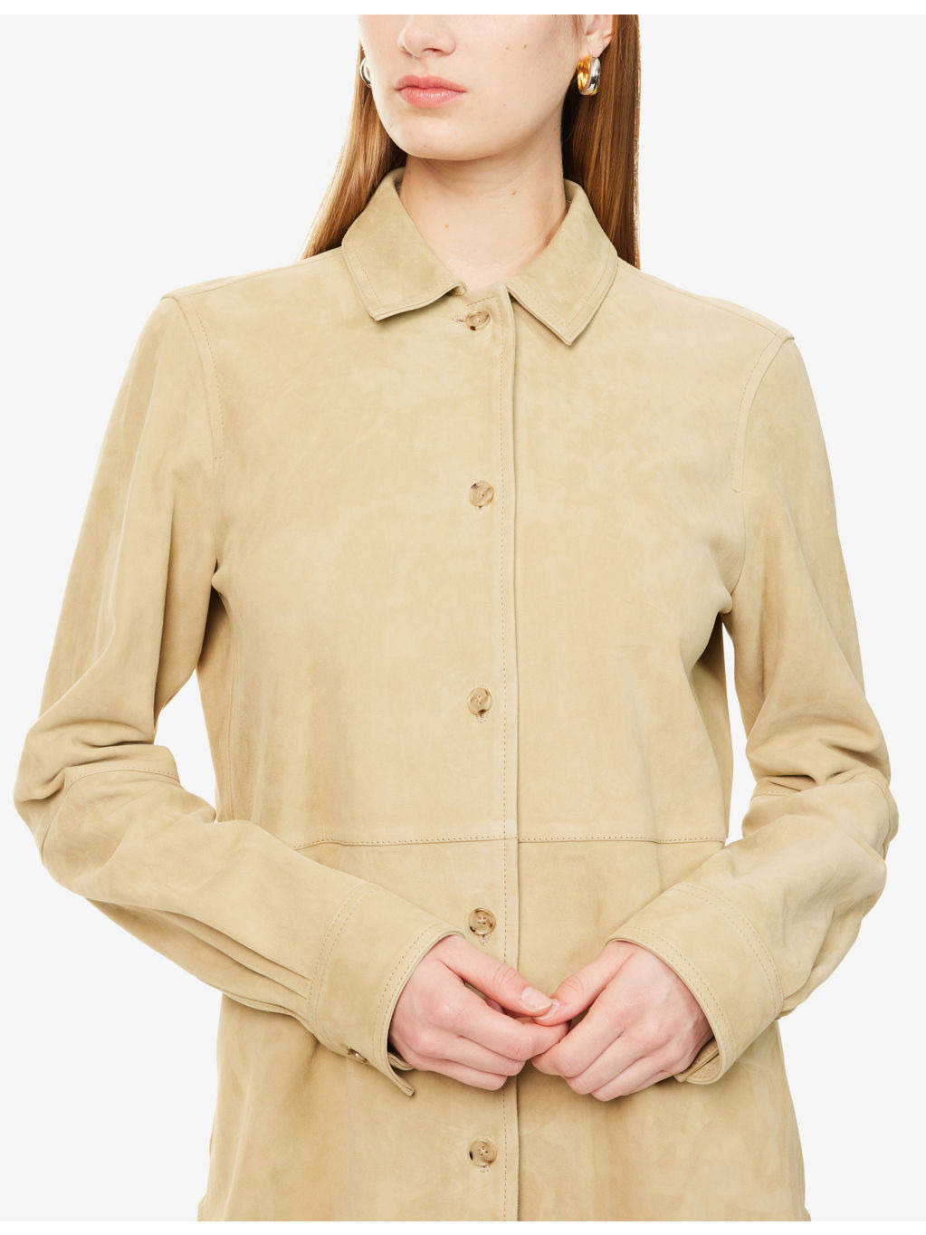 Curved-Hem Long-Sleeves Suede Shirt - 5