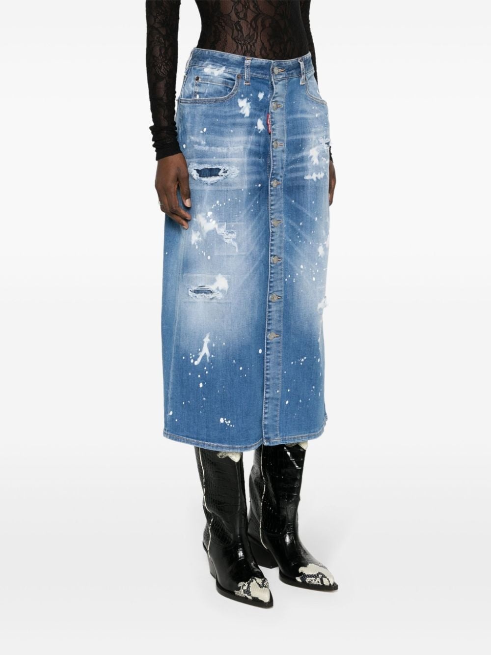 distressed-effect denim midi skirt - 3