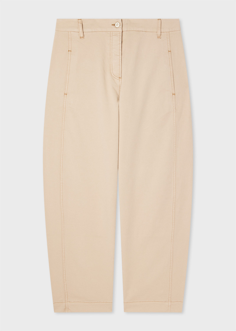 Women's Beige Cotton-Blend Barrel Leg Trousers 1