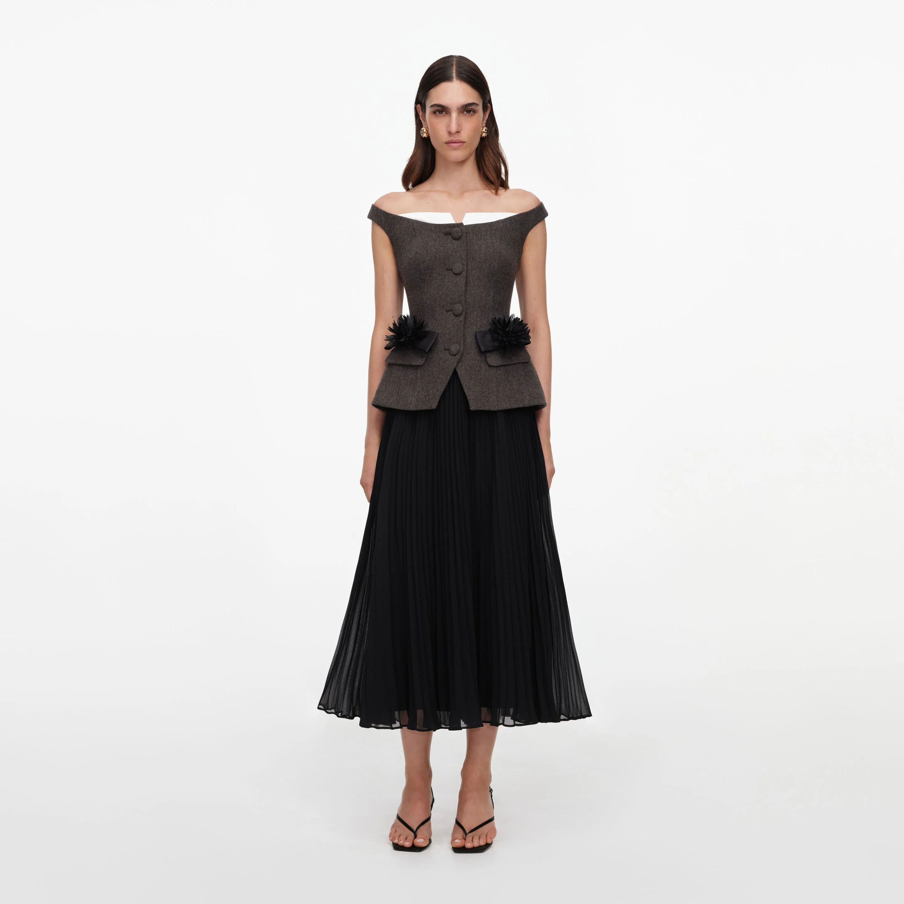 Brown Off Shoulder Chiffon Midi Dress - 1