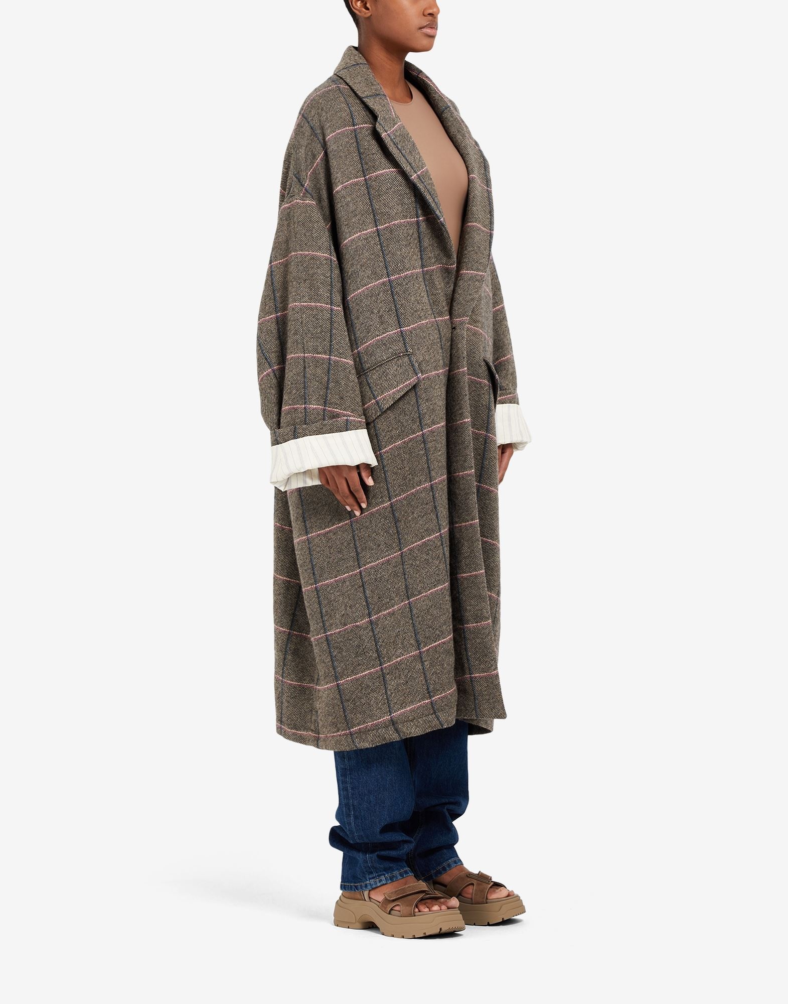 Check print wool long windowpane coat - 3