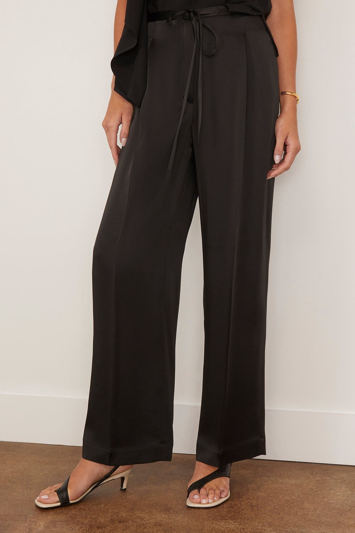Relaxed Drawstring Satin Trousers in Black - 3