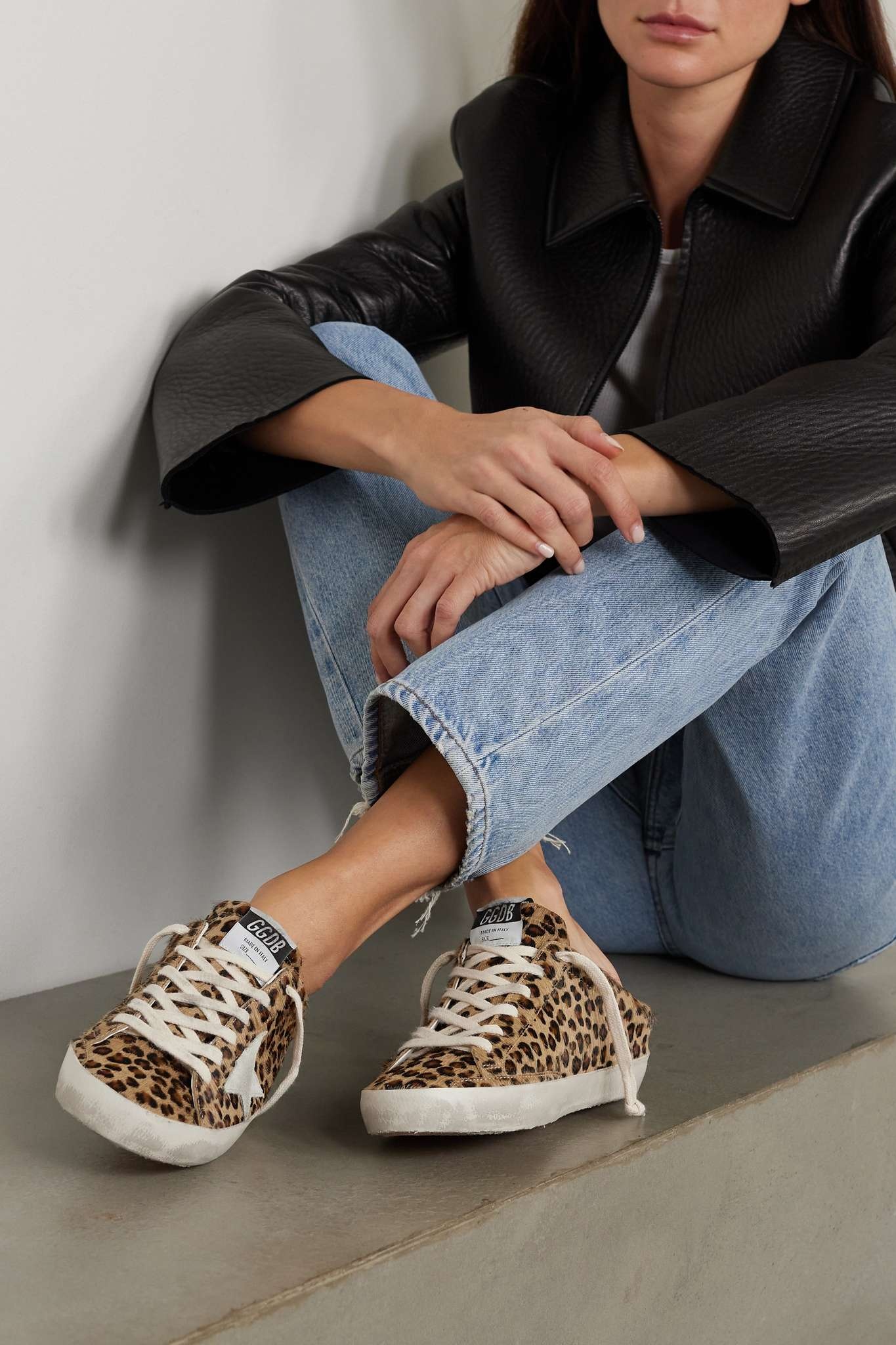 Golden Goose Super-Star Sabot distressed leopard-print calf hair slip-on  sneakers | REVERSIBLE