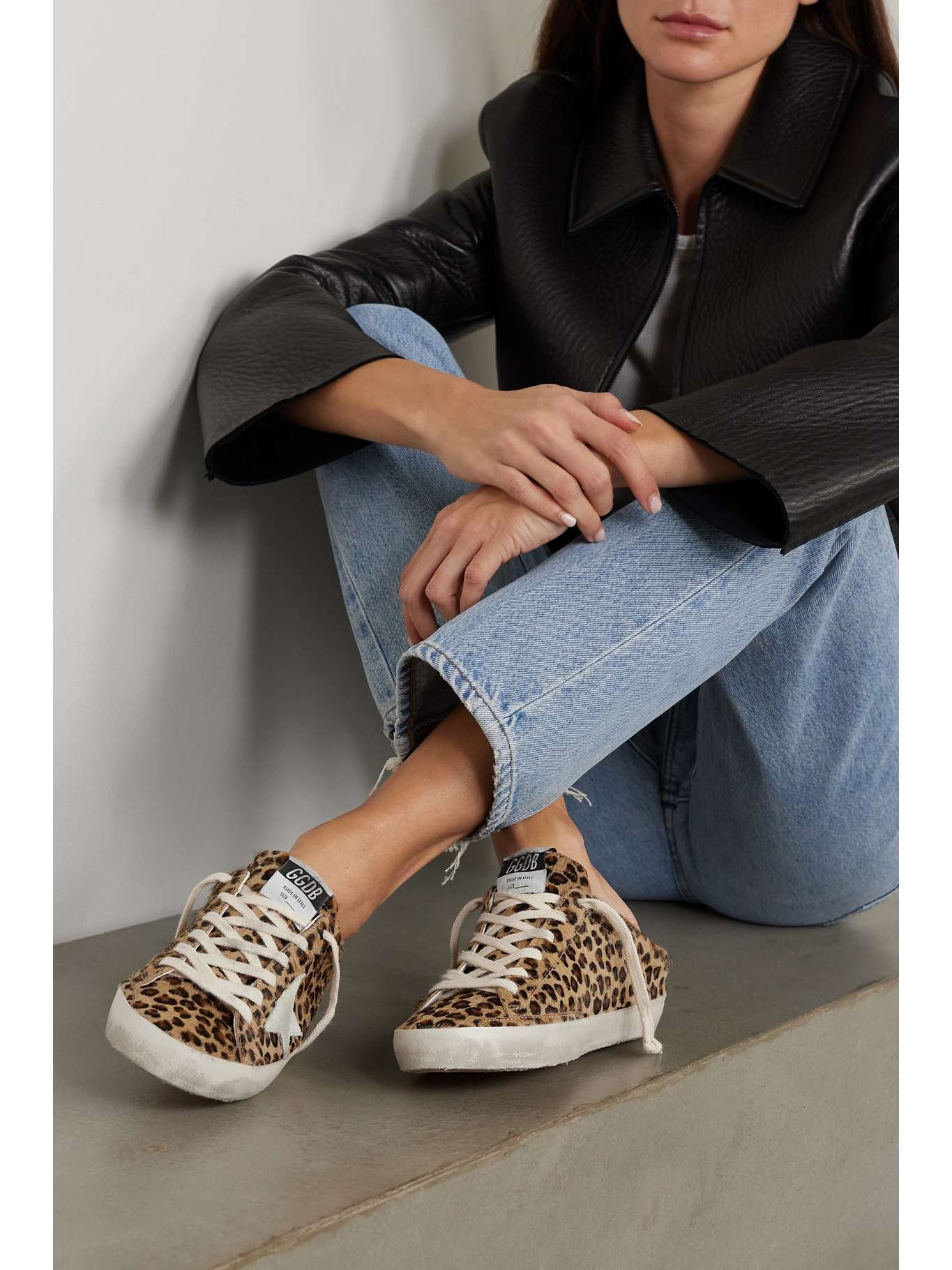 Super-Star Sabot distressed leopard-print calf hair slip-on sneakers - 2