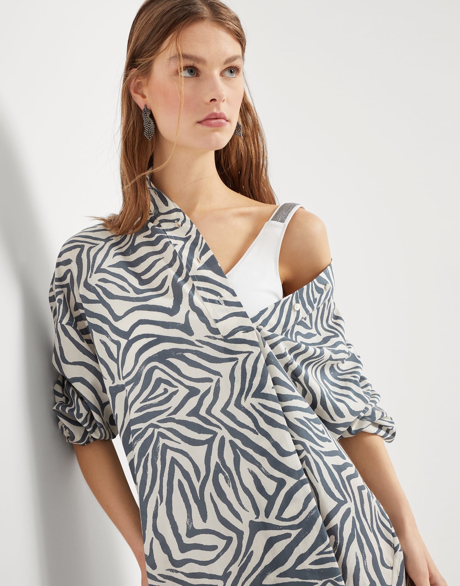 Cotton and silk ethnic print poplin shirt dress with monili - 4
