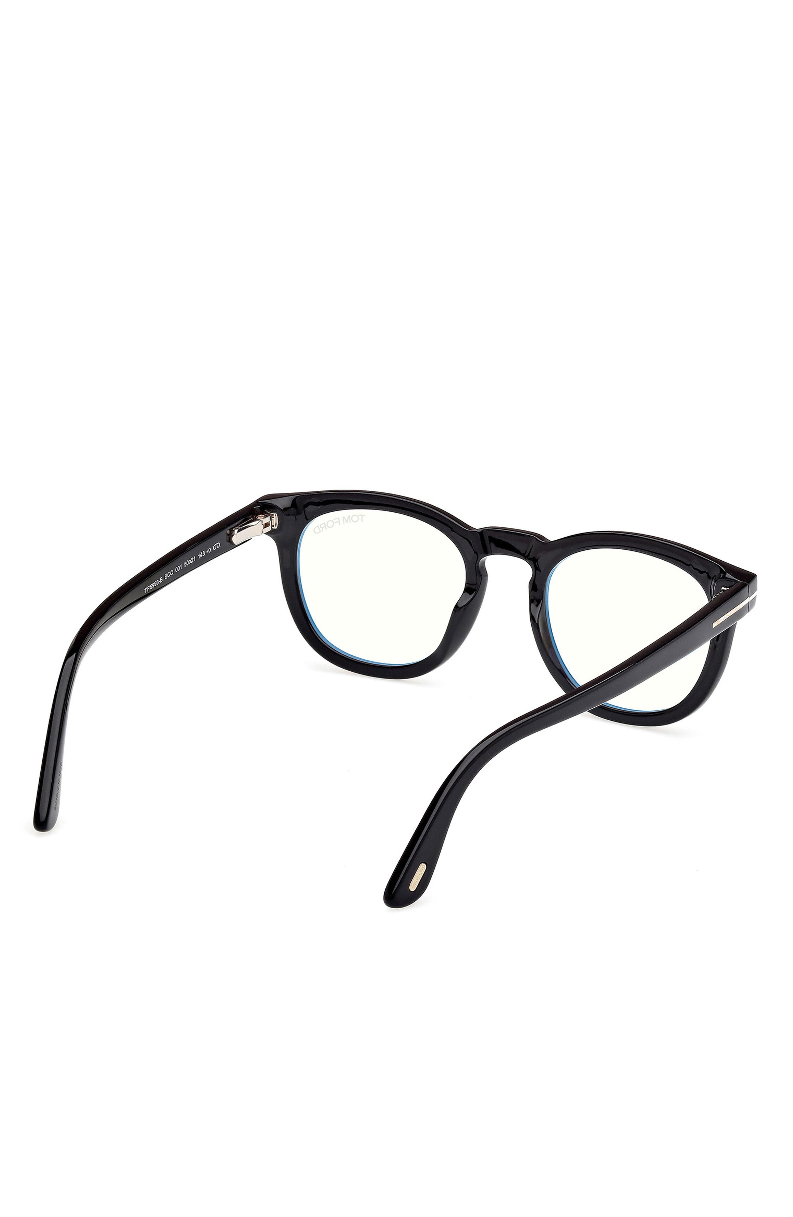 TOM FORD 50mm Small Round Blue Light Blocking Glasses in Black/Gold Eco /T Logo at Nordstrom - 6