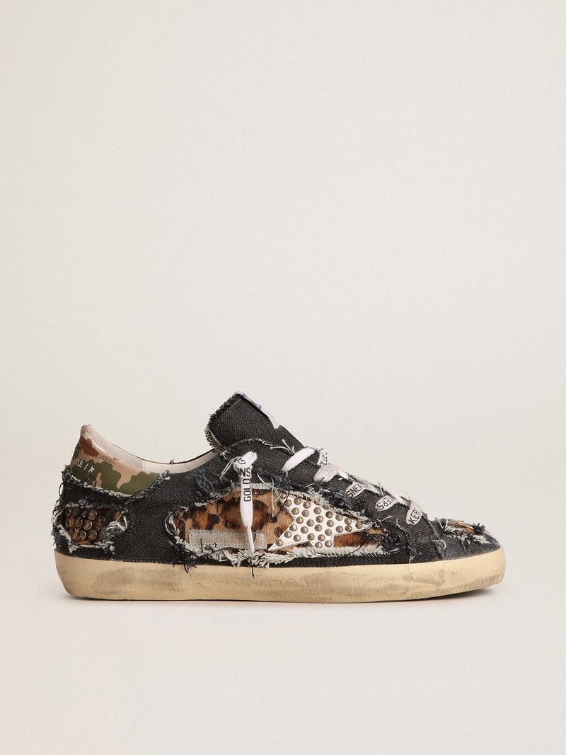 Women’s Super-Star LAB sneakers in denim and leopard-print pony skin - 1