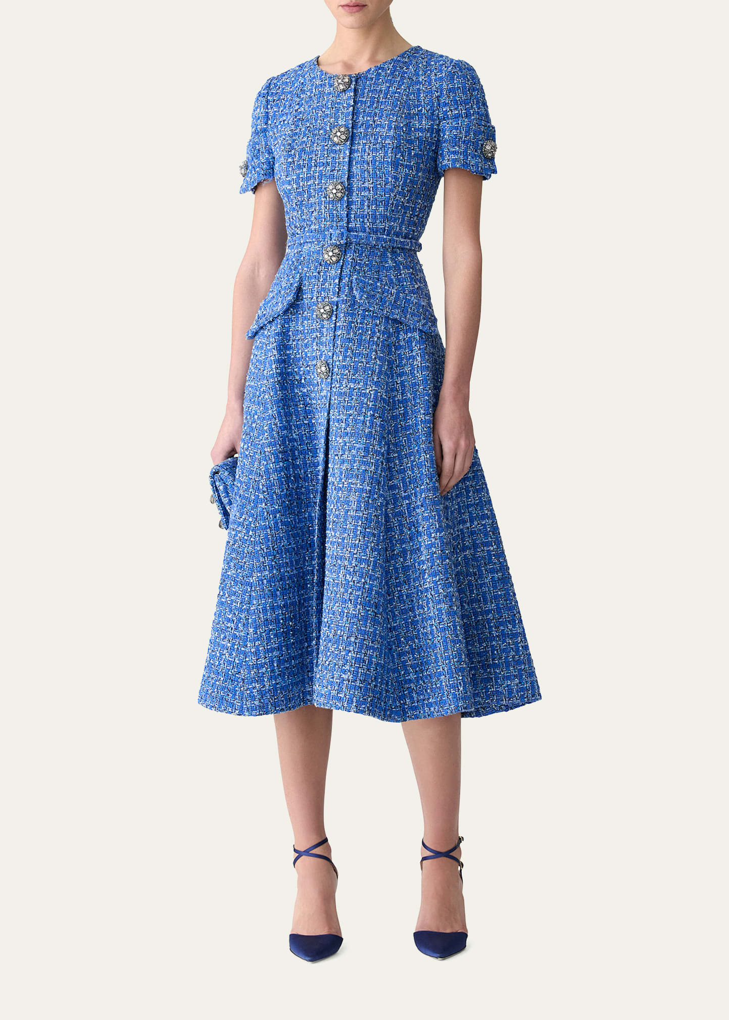 Crystal Button-Front Tweed Midi Dress With Belt - 2