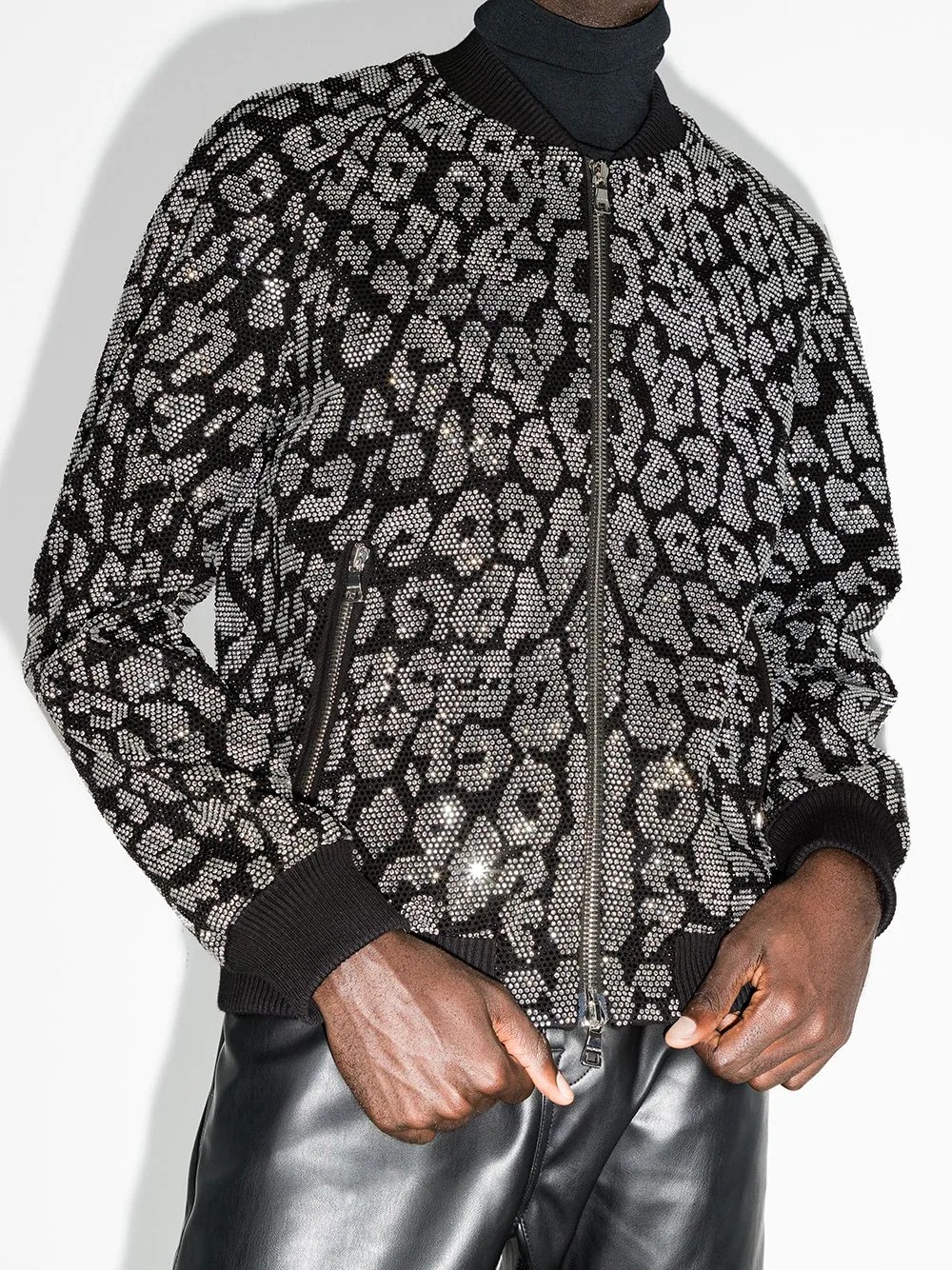 leopard-rhinestone bomber jacket - 2