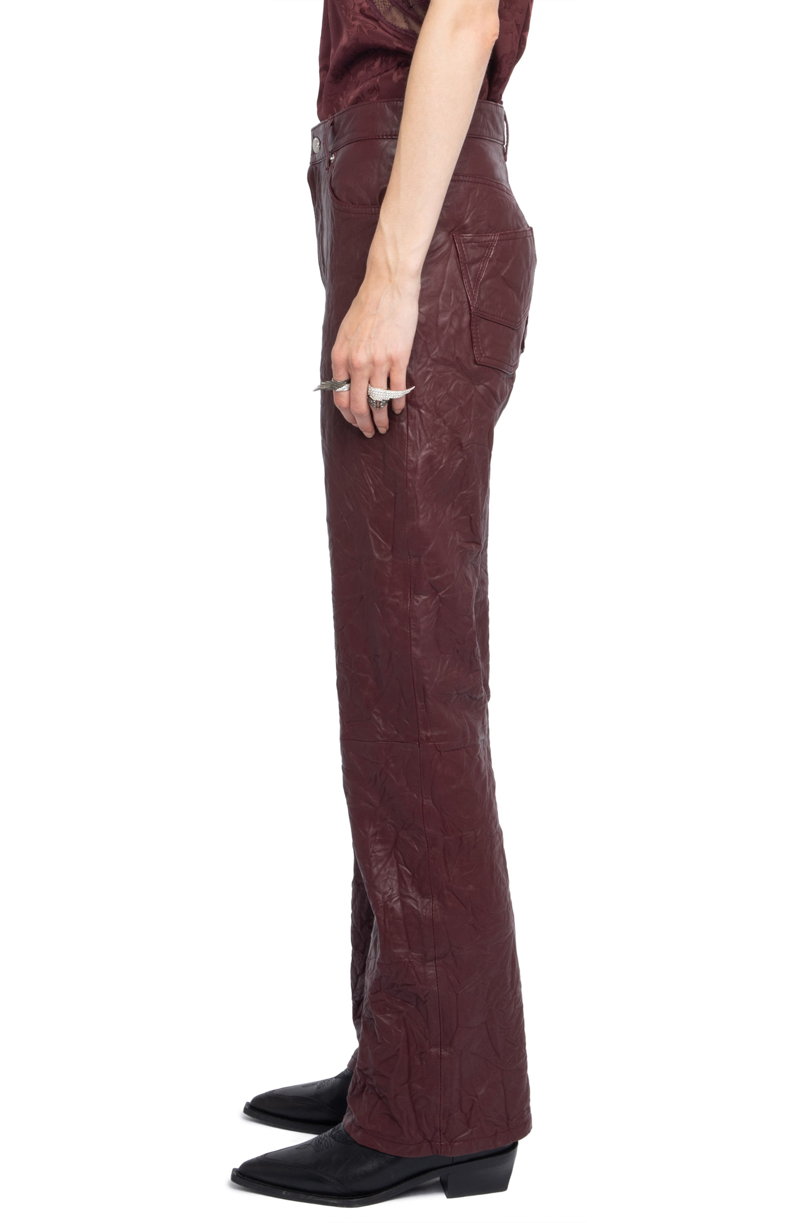 Zadig & Voltaire Evy Crushed Lambskin Leather Pants in Burgundy at Nordstrom - 3