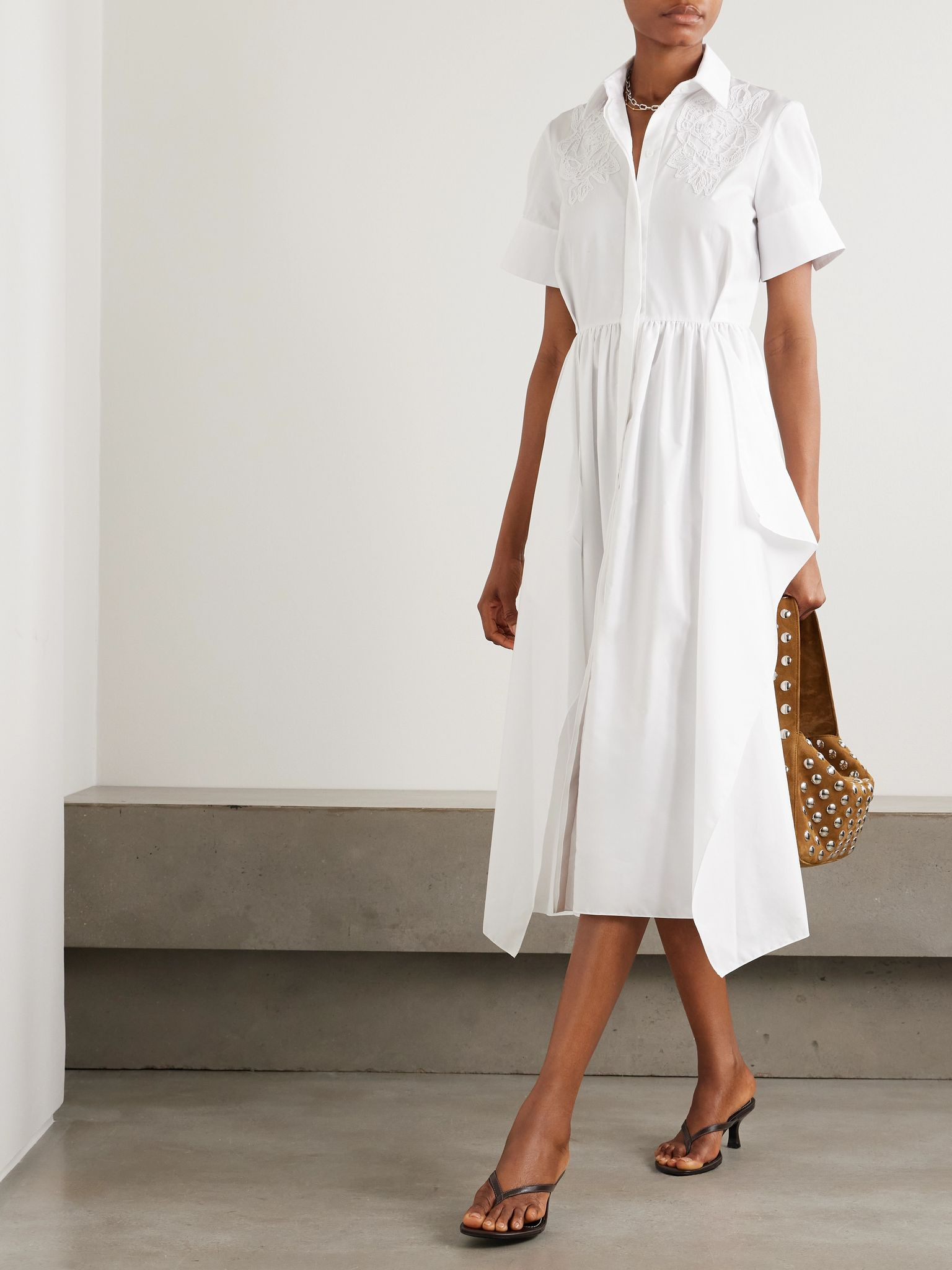 Embroidered gathered cotton-poplin midi shirt dress White - 2