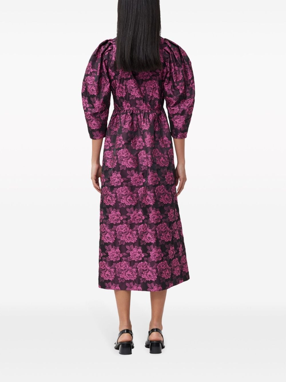 botanical-jacquard puff-sleeves midi dress - 4