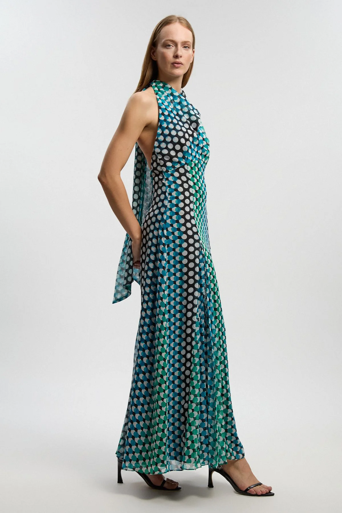 Polka Dot Drama Halter Pleat Insert Woven Maxi Dress - 1