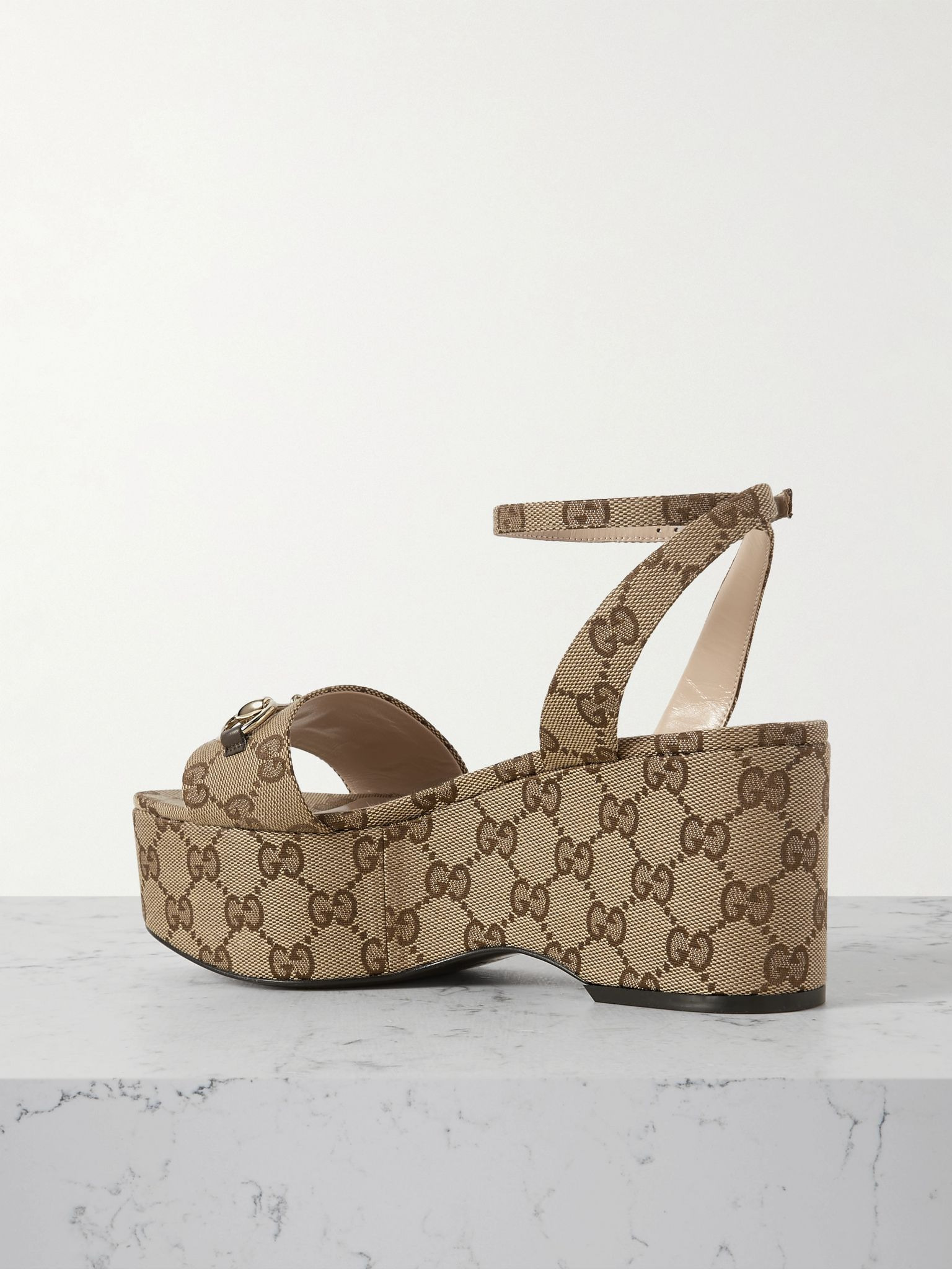 Lady horsebit-embellished canvas-jacquard platform sandals Beige - 3
