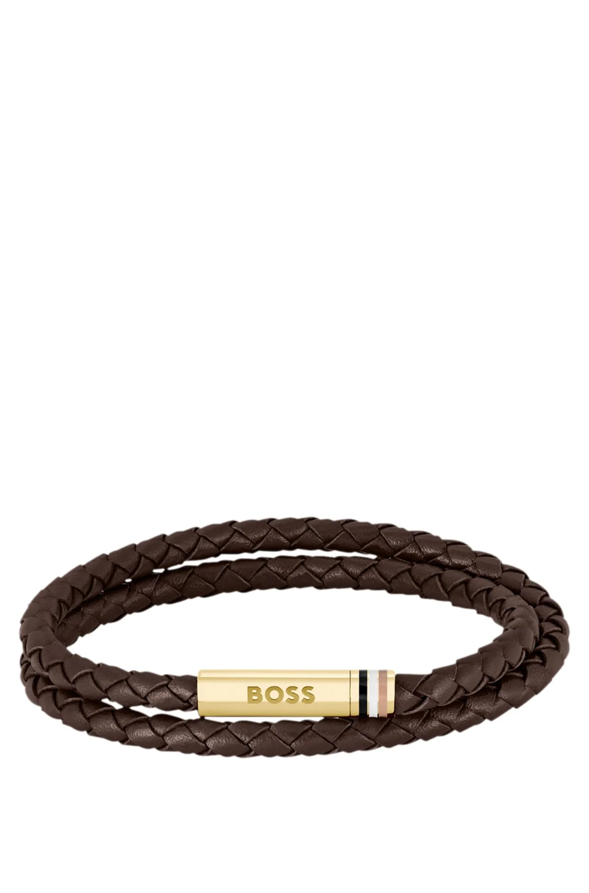 BROWN BRAIDED LEATHER CUFF WITH LOGO CLOSURE - 1
