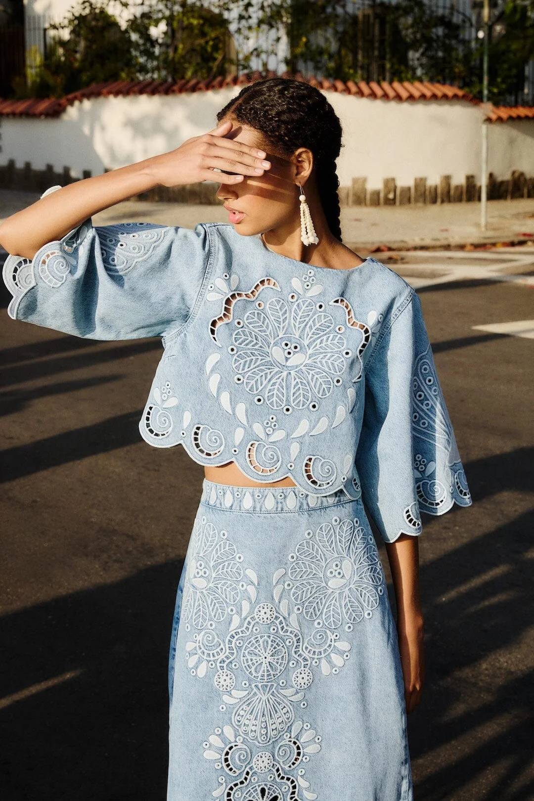 Denim Richelieu Kimono Sleeves Cropped Blouse - 1