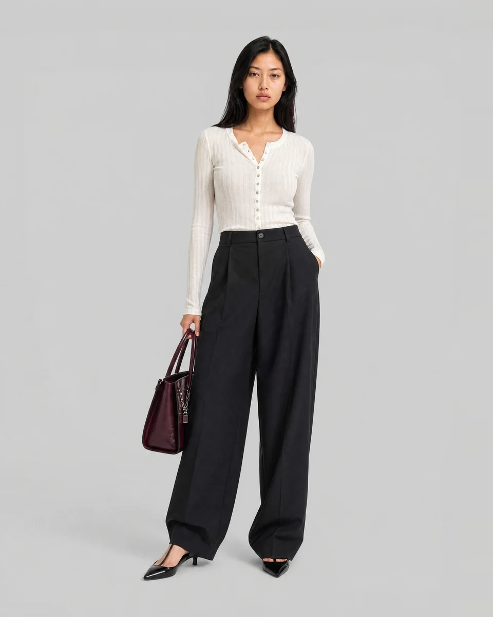 WIDE-LEG BLACK WOOL-BLEND TAILORED PANTS - 1
