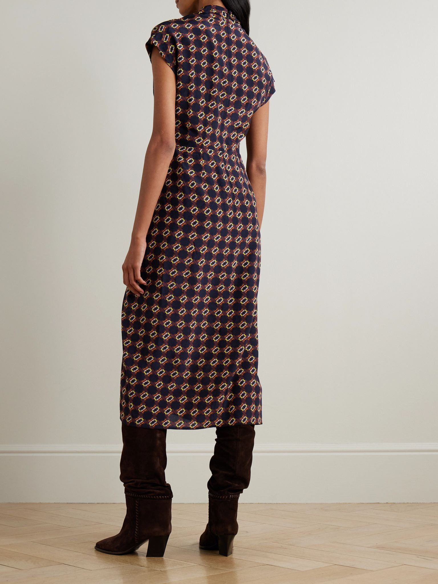 Wrap-effect printed silk-crepe midi dress Brown - 3