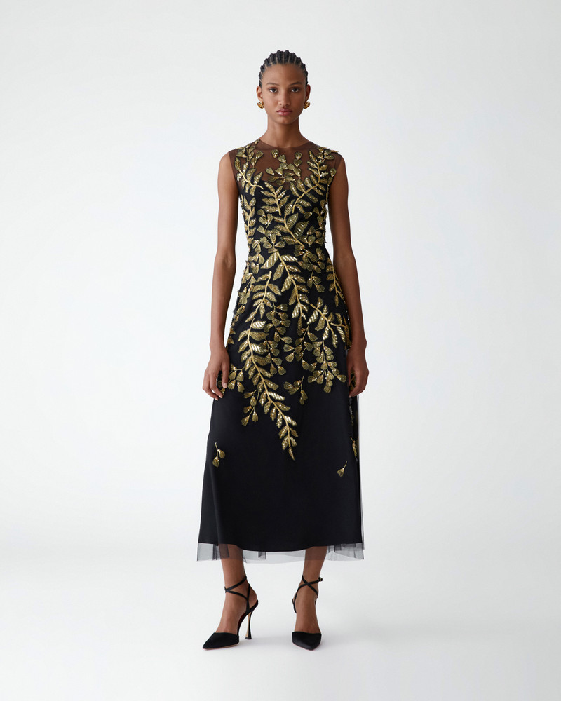 CAROLINA HERRERA Gold Leaf-Embroidered Tulle Midi Dress outlook